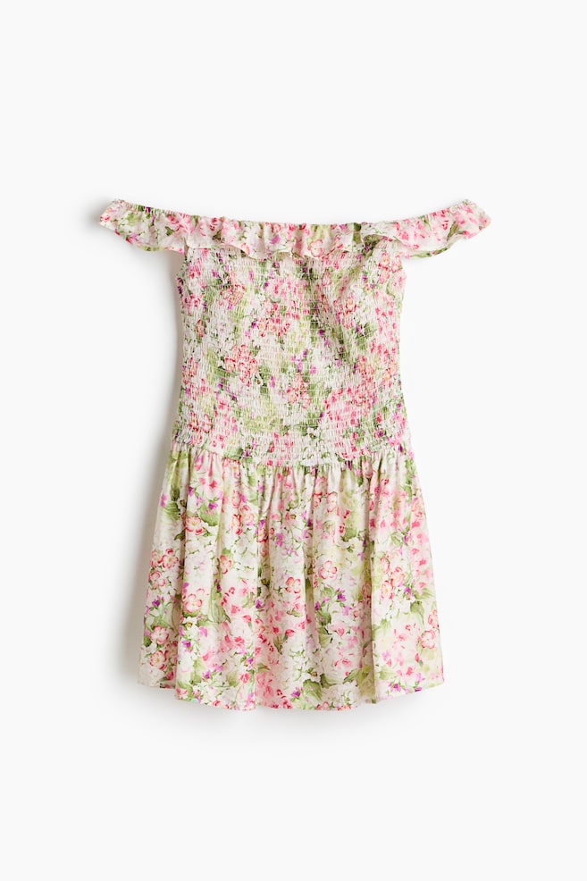 Robe épaules nues smockée - Blanc/fleuri/Turquoise clair/Blanc - 1