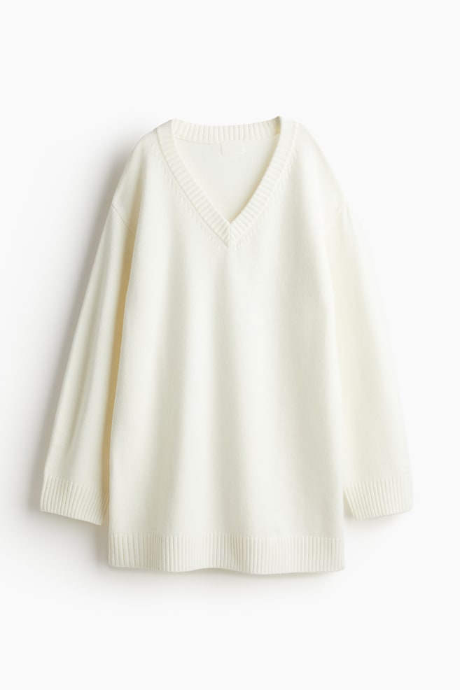 Knitted V-neck dress - White/Dark grey - 1