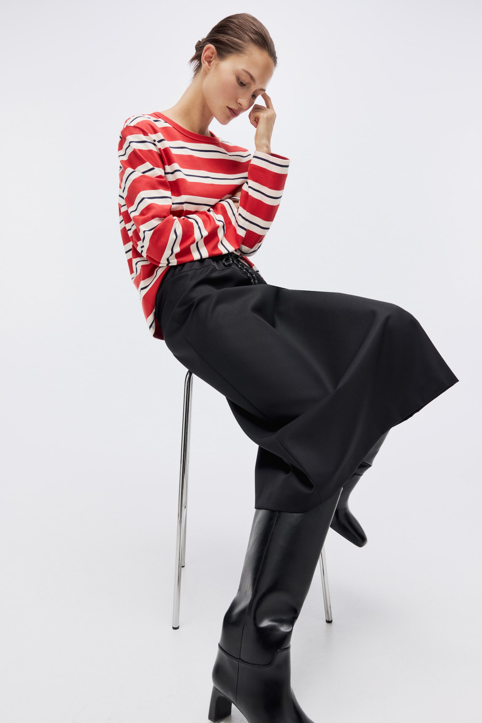 Pamuklu ve Uzun Kollu Tişört - Kırmızı/Çizgili/Beyaz/Lacivert çizgili - 6