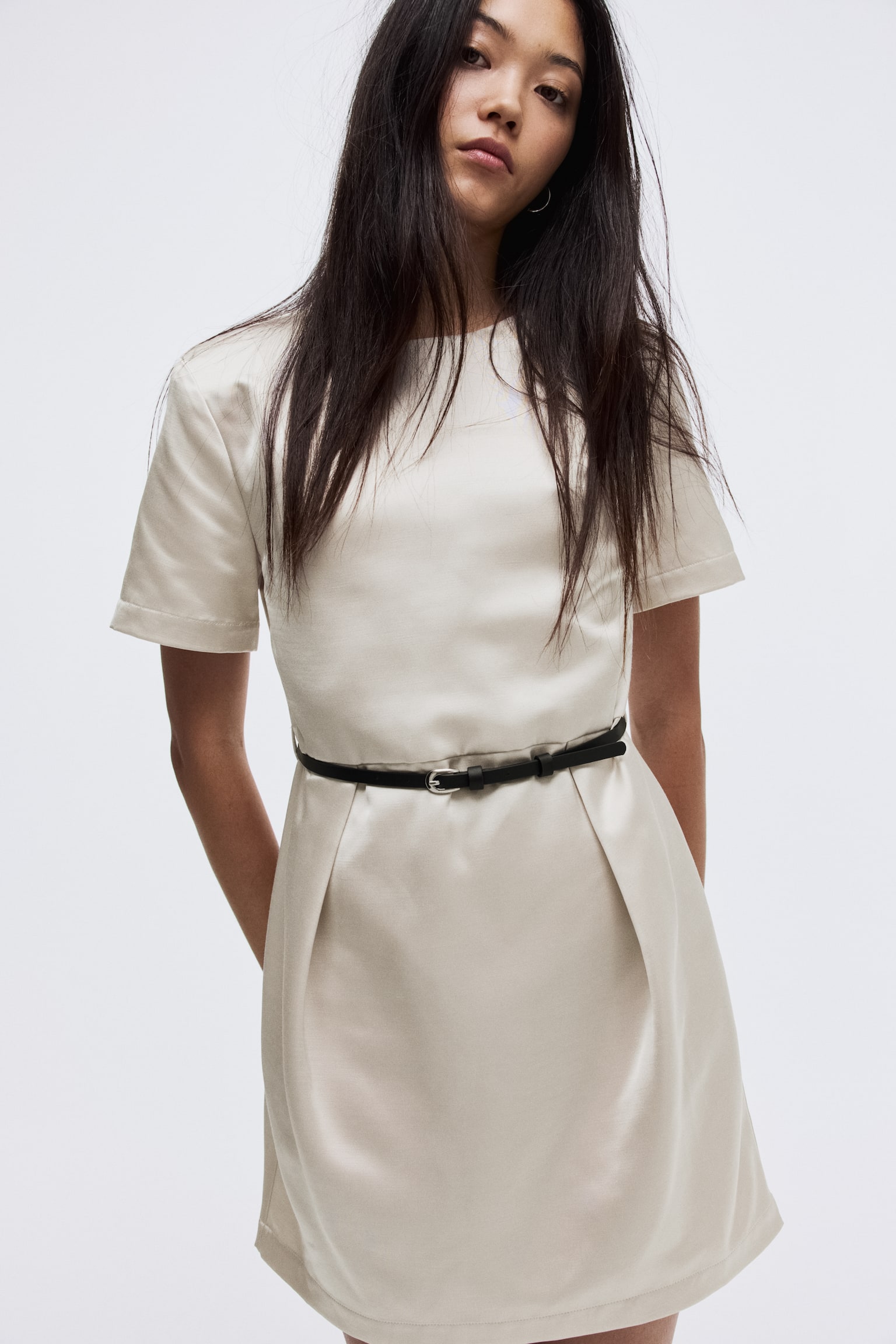 Belted shift dress - Light beige/Dark brown - 4