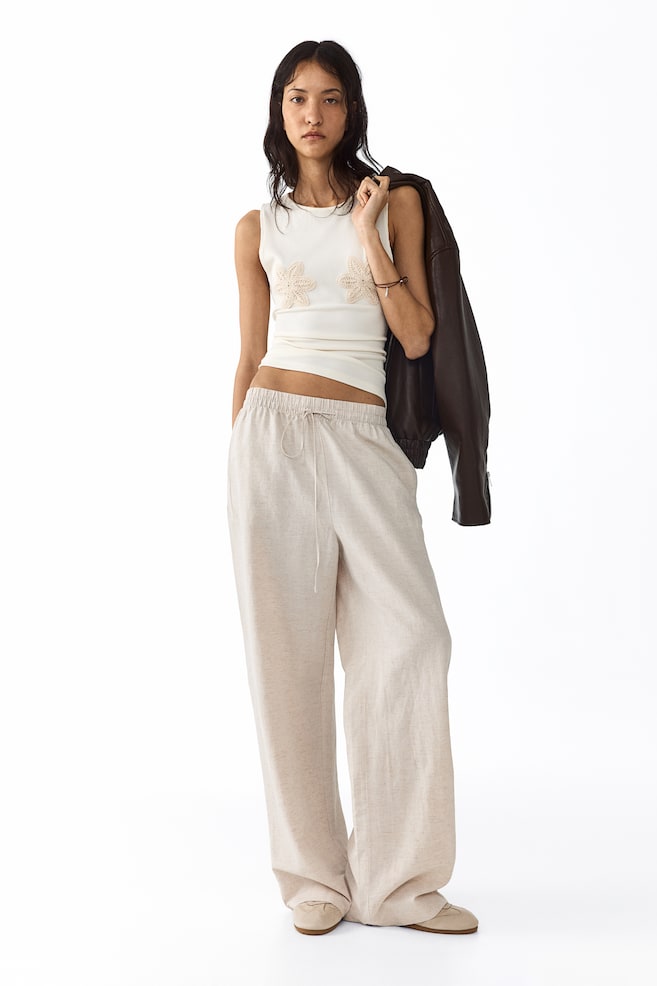 Linen-Blend Pants - Light beige/Dark brown/White/Black/Light turquoise/White/light blue striped/Light beige/Cream/striped/Dark khaki green - 2