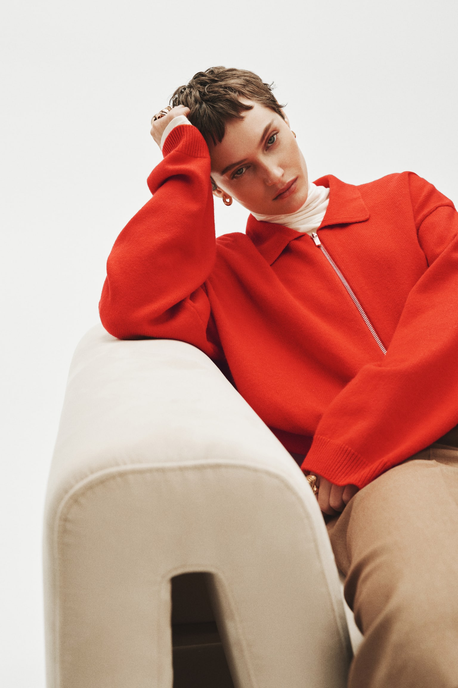 Kardigan oversize z suwakiem - Czerwony/Ciemnobeżowy - 5