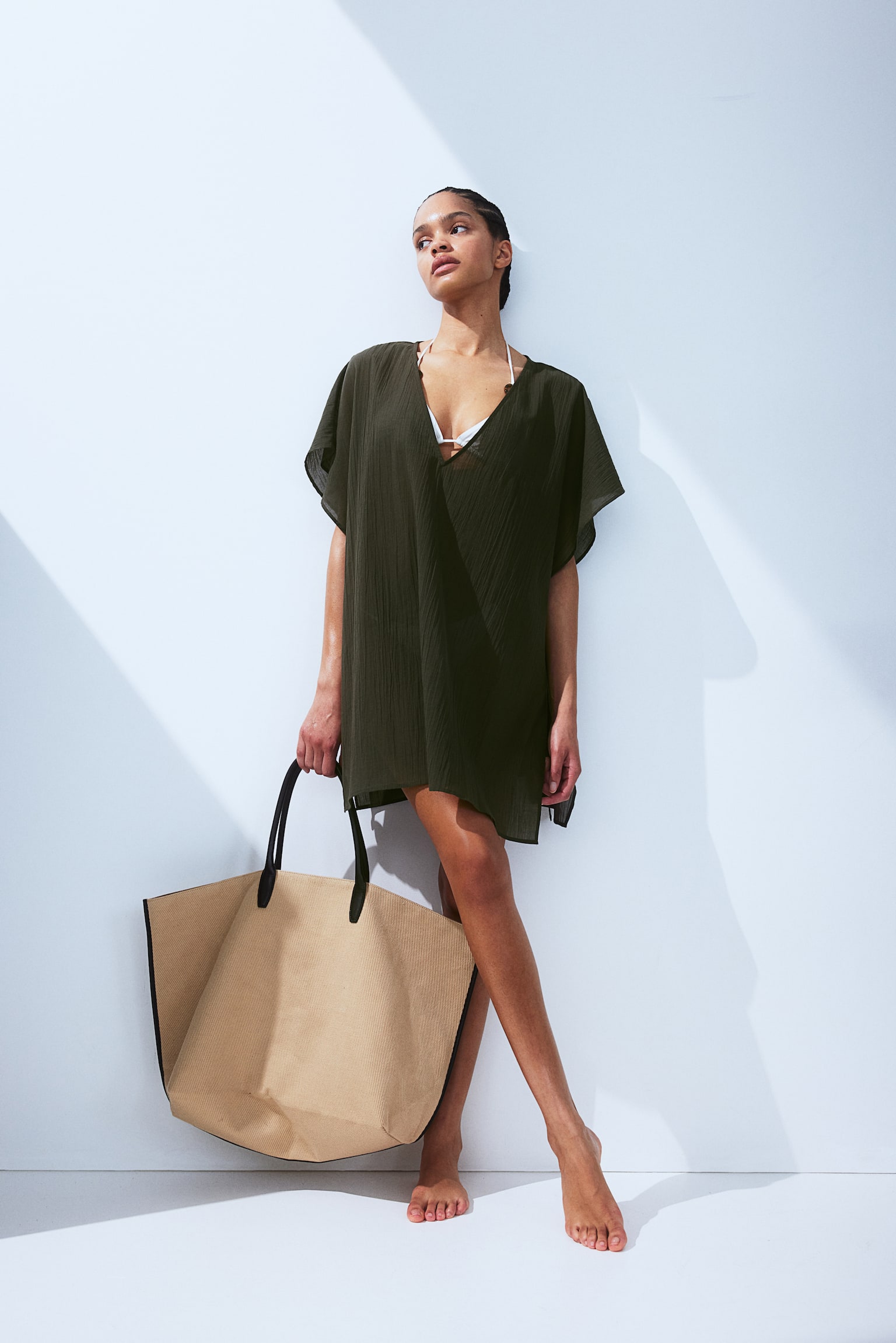 Oversized Beach Kaftan - Dark khaki green/Black/White - 1