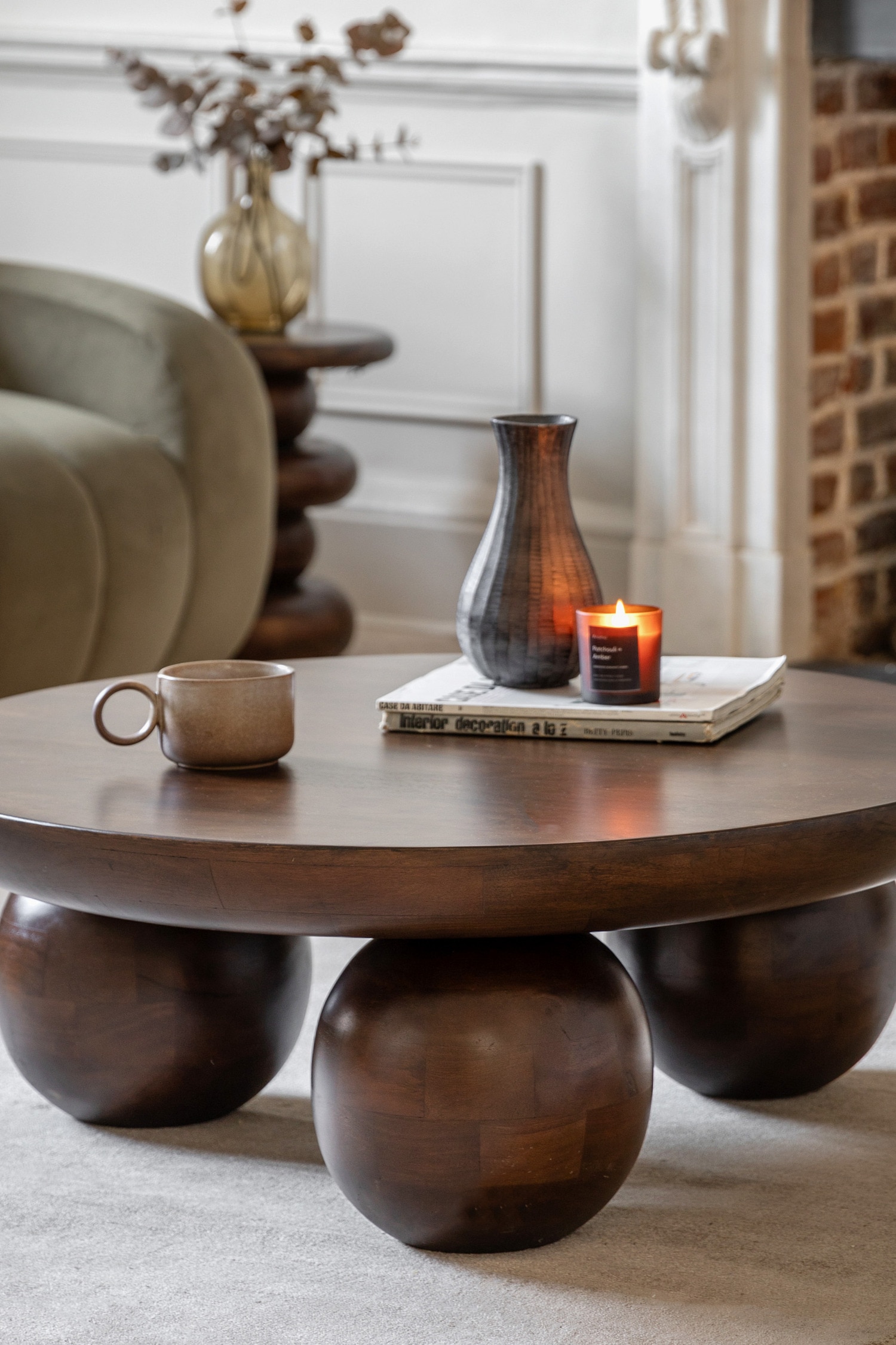Mango Wood Round Coffee Table - Dark Wood
