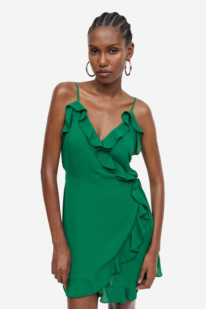 Flounce-trimmed wrap dress - Dark green/Turquoise/Patterned - 6