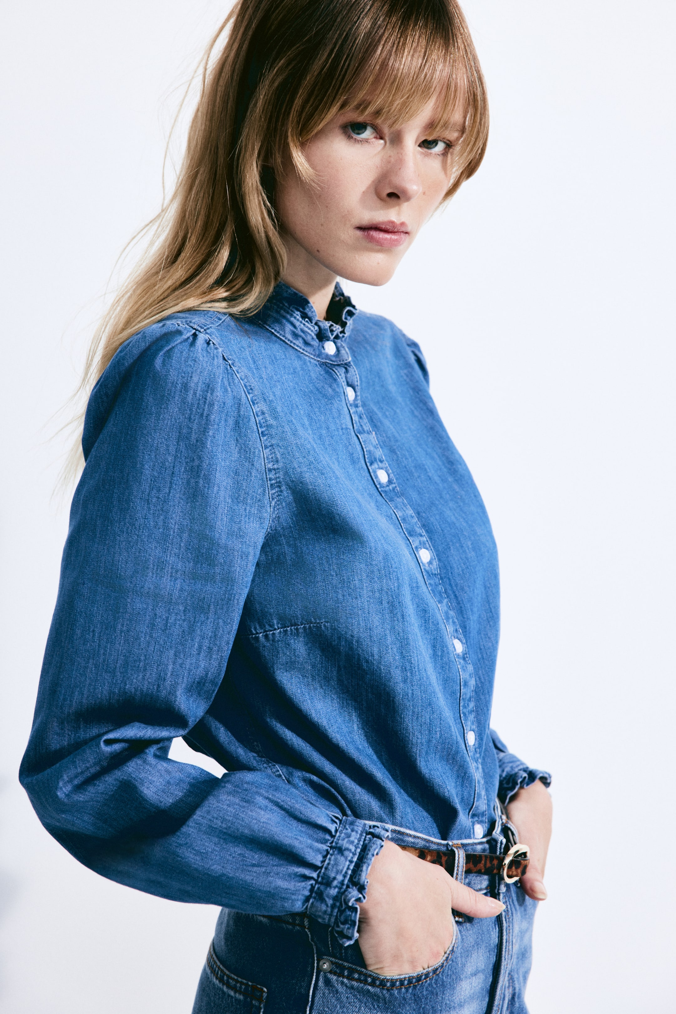 Ruffle-Trimmed Denim Blouse