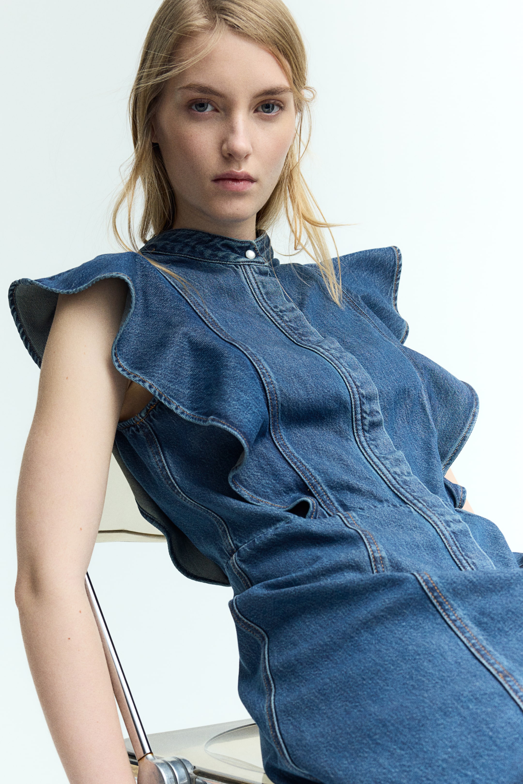 Flounce-Trimmed Denim Dress