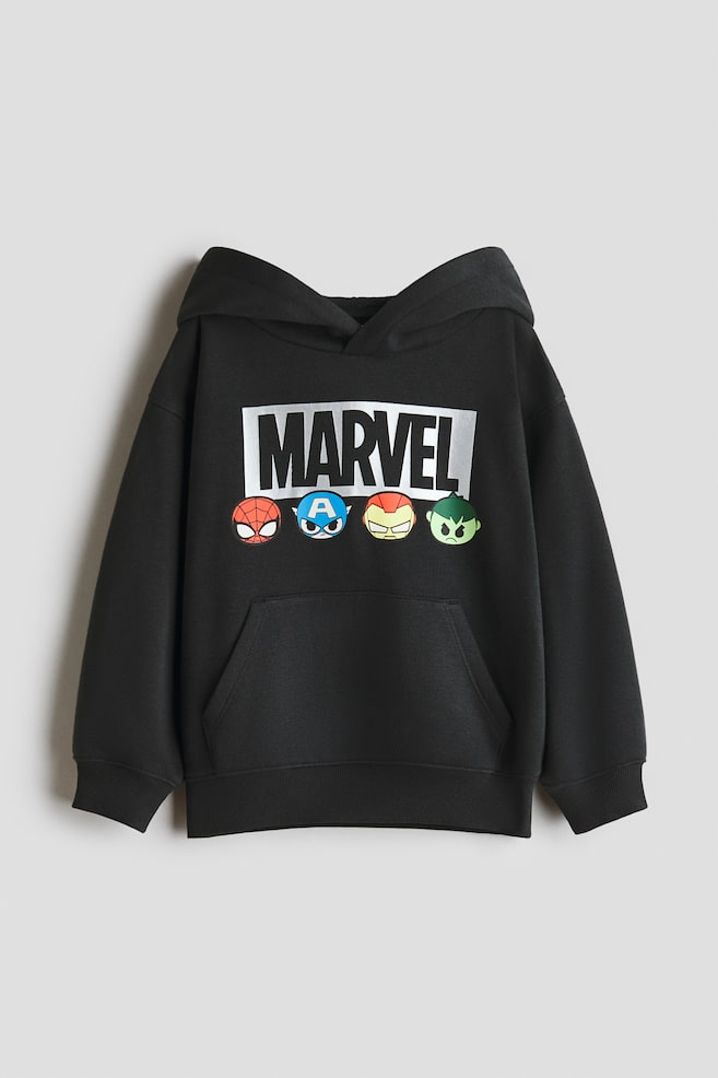 Printed Brushed-Inside Hoodie - Black/Marvel Comics - 1