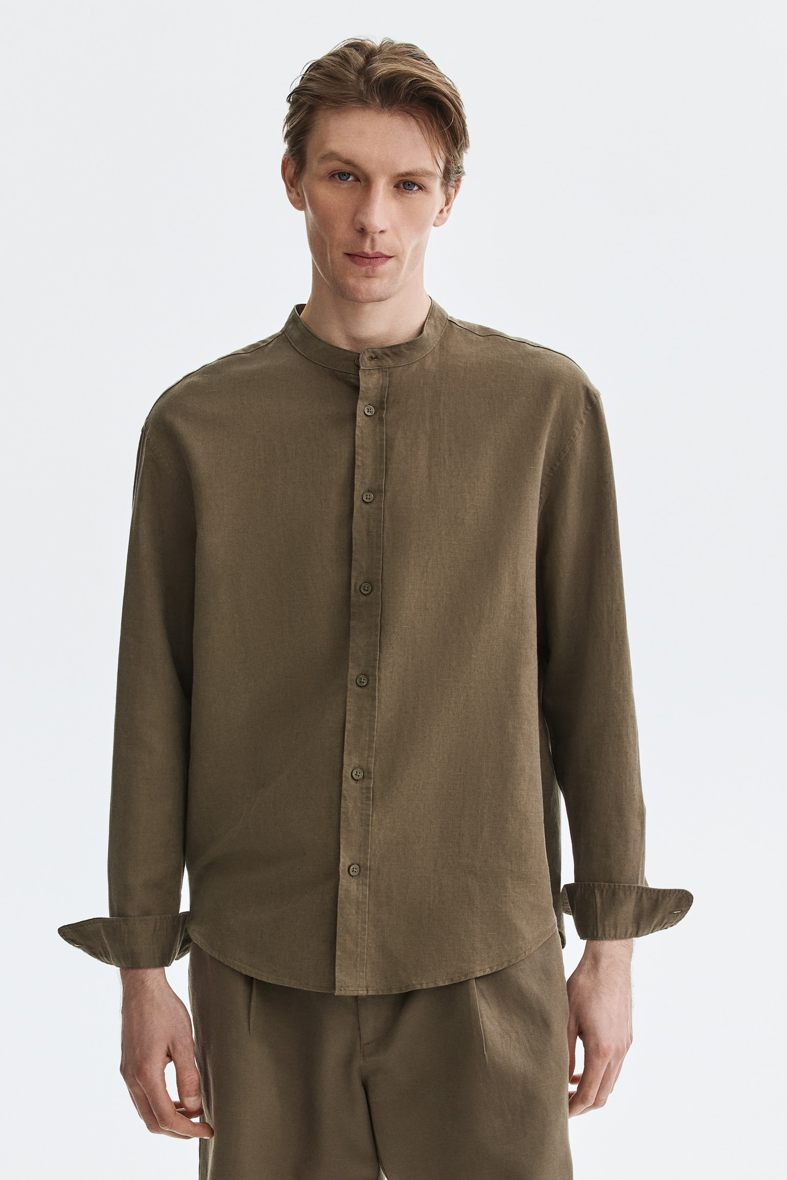 Сорочка Relaxed Fit на основі льону - Зелений хакі/Білий/Бордовий - 1