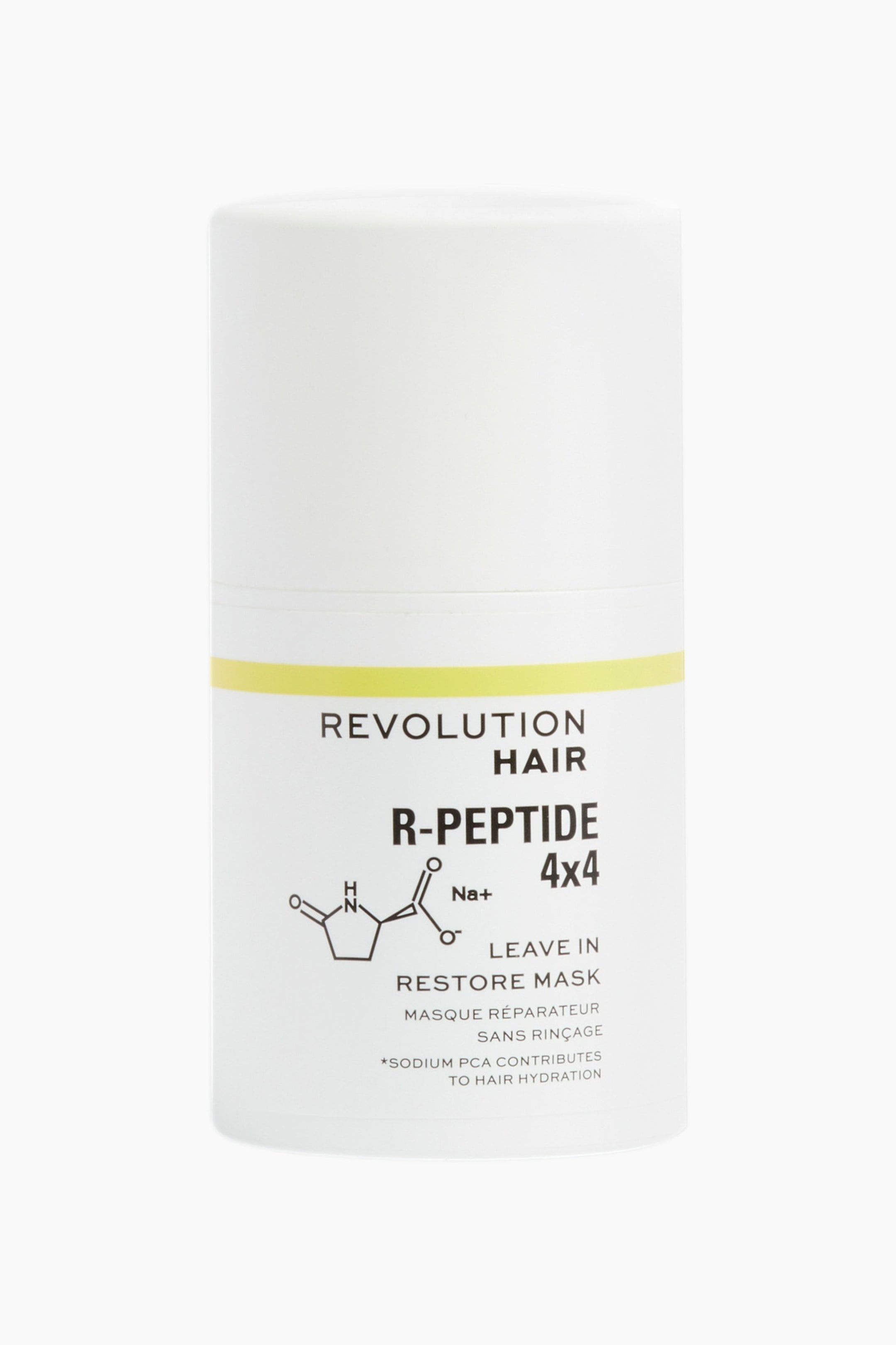 Visa större bild: Revolution Hair R-Peptide 4x4 Leave In Restore Mask står upprätt och visar upp en cylindrisk vit flaska med ett matchande vitt lock. En tunn gul rand löper runt den övre delen av etiketten, som visar produktinformation i svart och ett kemiskt strukturdiagram.