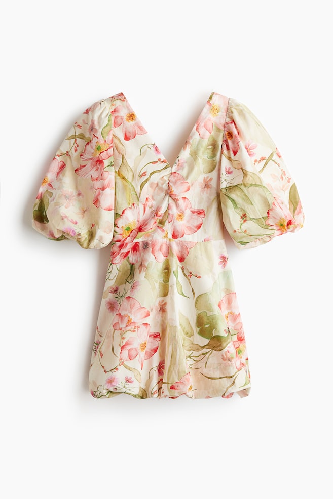 Vestido abullonado con lazada detrás - Blanco/Floral - 1