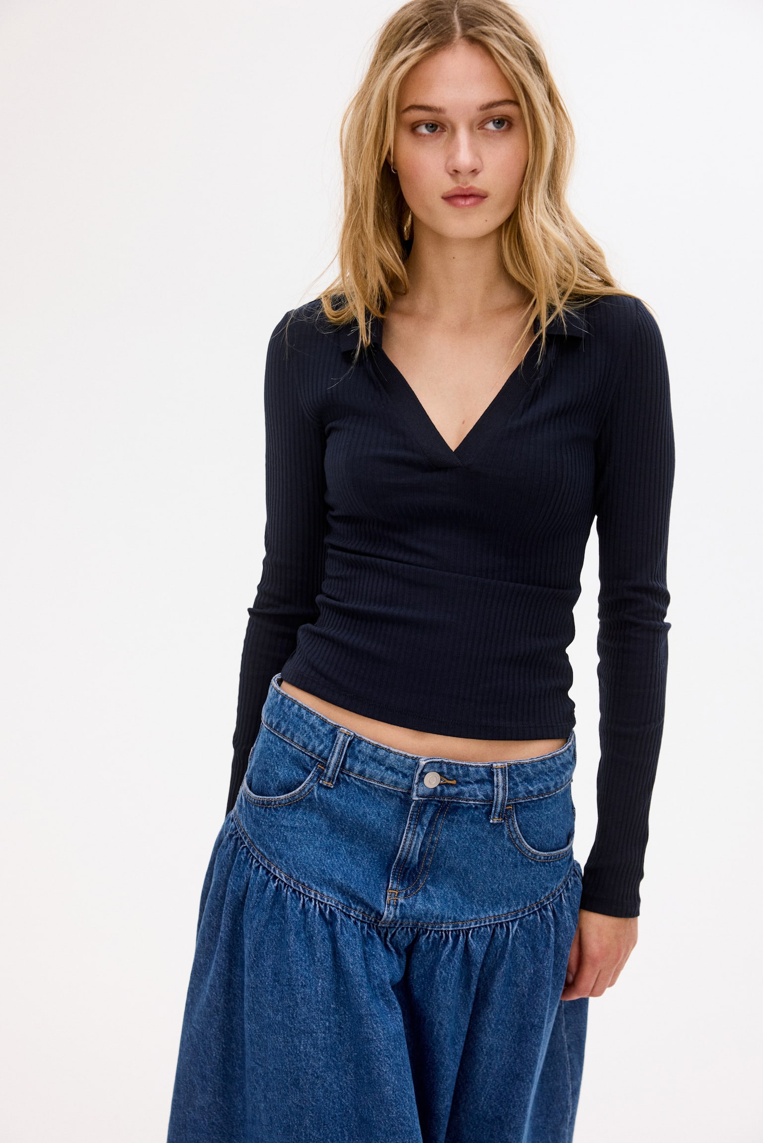 חולצת ריב עם צווארון - כחול כהה - 1