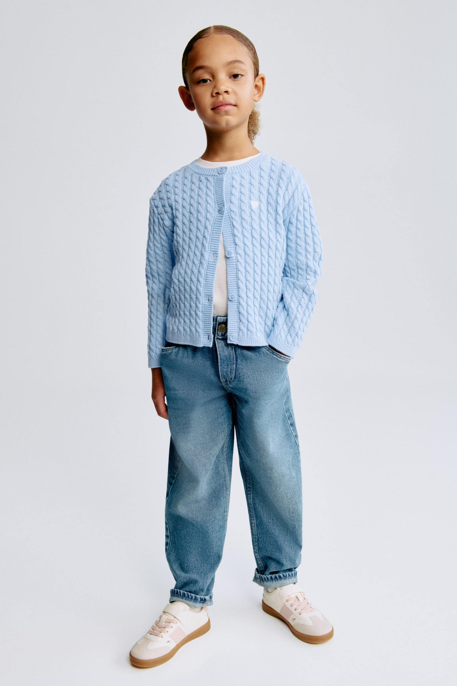 Cable-knit cardigan - Blue/Light beige/Striped/Pink - 4