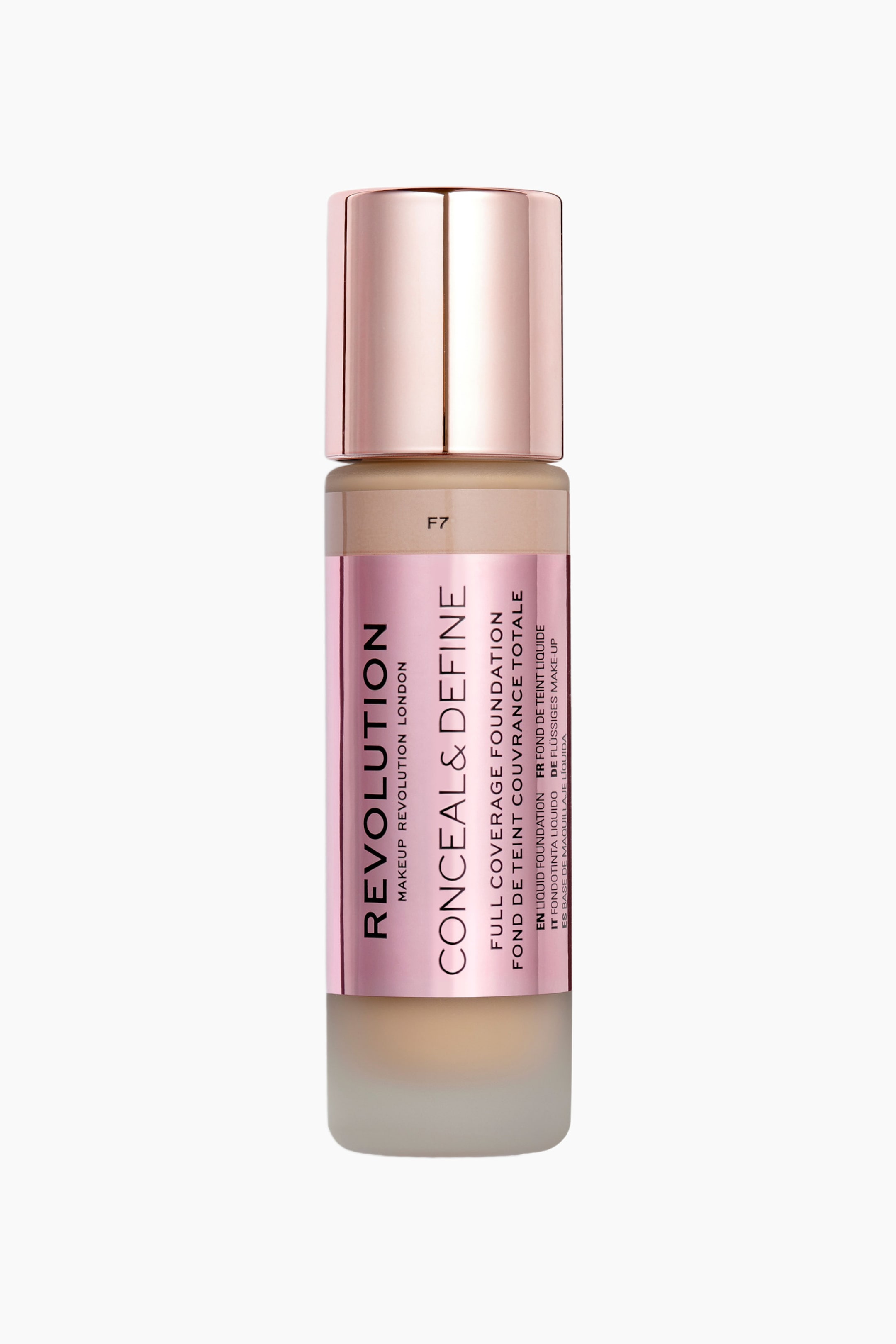 Näytä suurempi kuva: Conceal & Define Foundation -meikkivoide seisoo pystyasennossa eteenpäin suunnattuna. Siinä on sylinterimäinen huurrettu lasipullo, jonka läpi näkyy sisällä oleva beige nestemäinen meikkivoide. Pullossa on keskiosan ympärille kietoutuva metallinhohtoinen ruusukultainen etiketti, jossa on mustalla painettu teksti, sekä sitä täydentävä metallinhohtoinen ruusukultainen sylinterimäinen korkki.