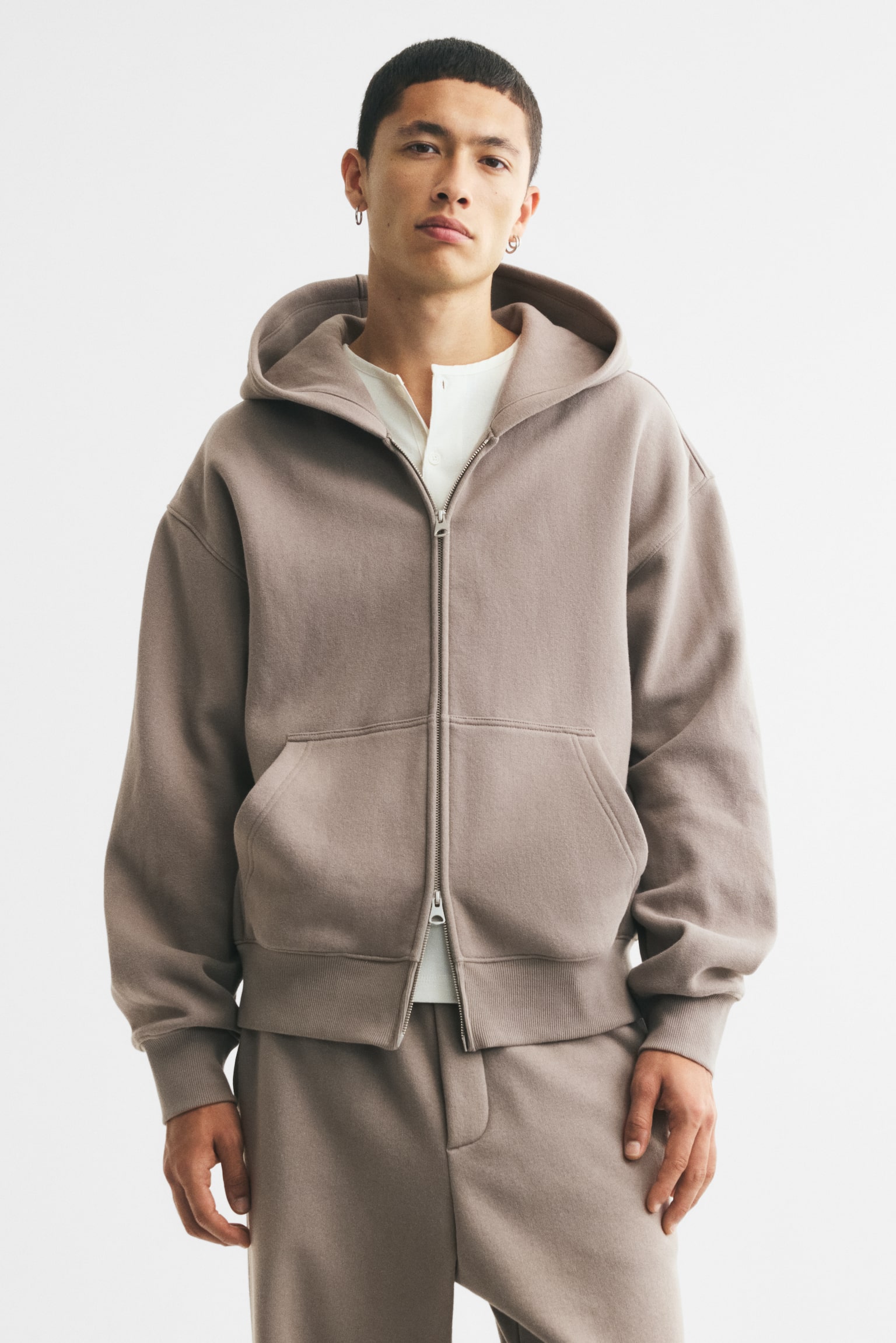 Relaxed Fit Zip-through hoodie - Beige/Black/Light grey marl - 1