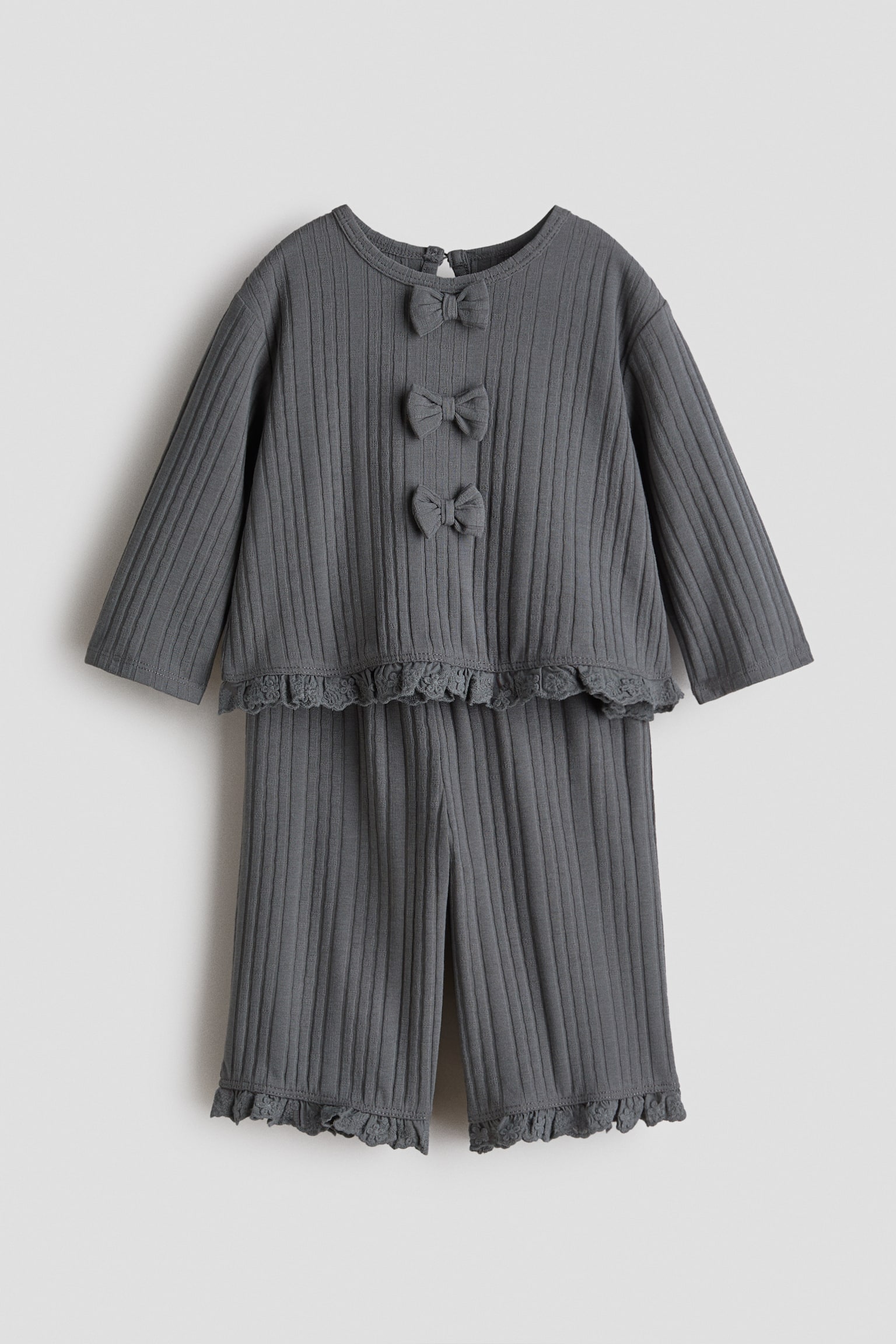 蝴蝶結飾2件組針織套裝 - 灰色/淺米色