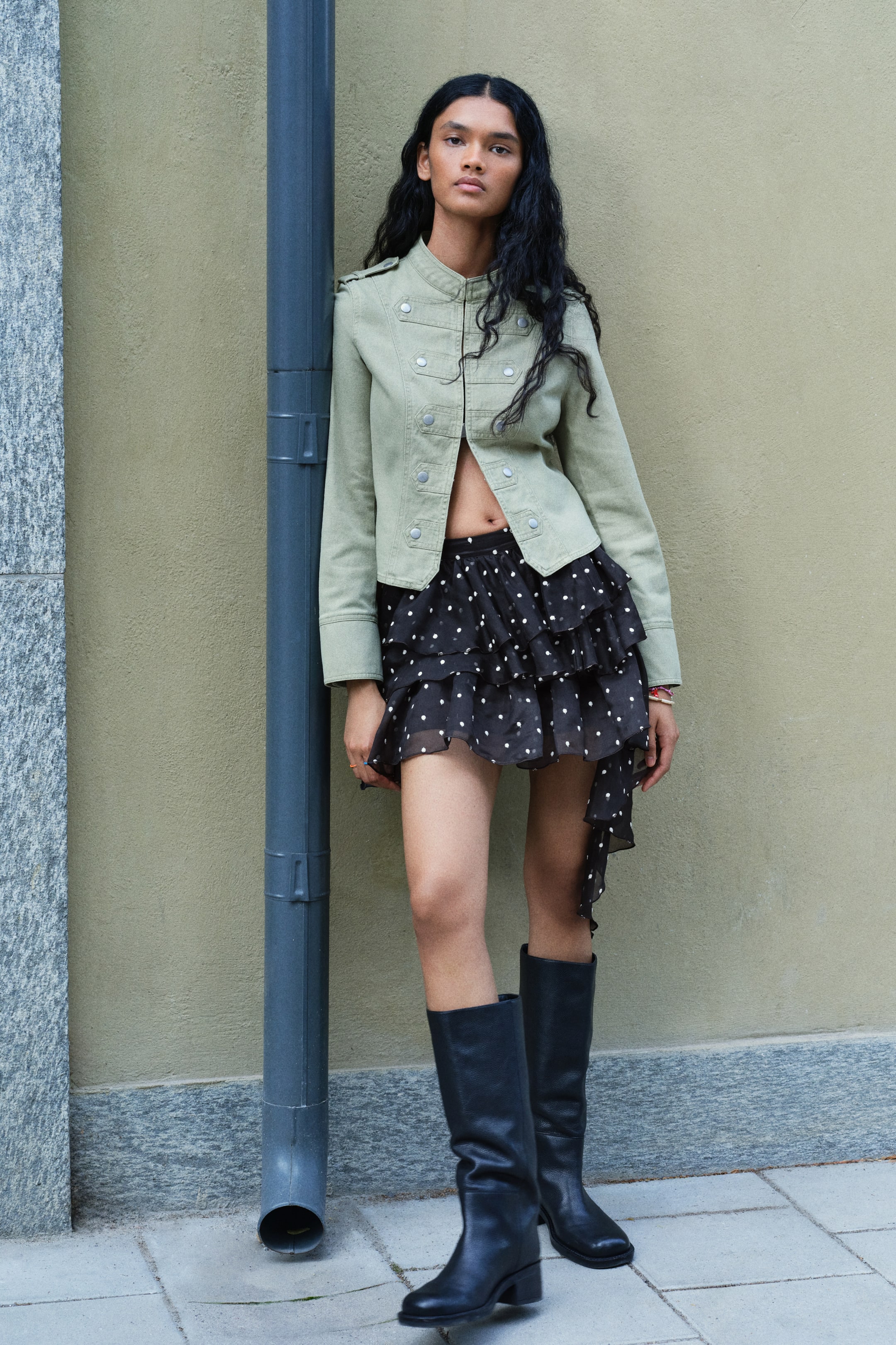 Tiered Draped-Panel Skirt