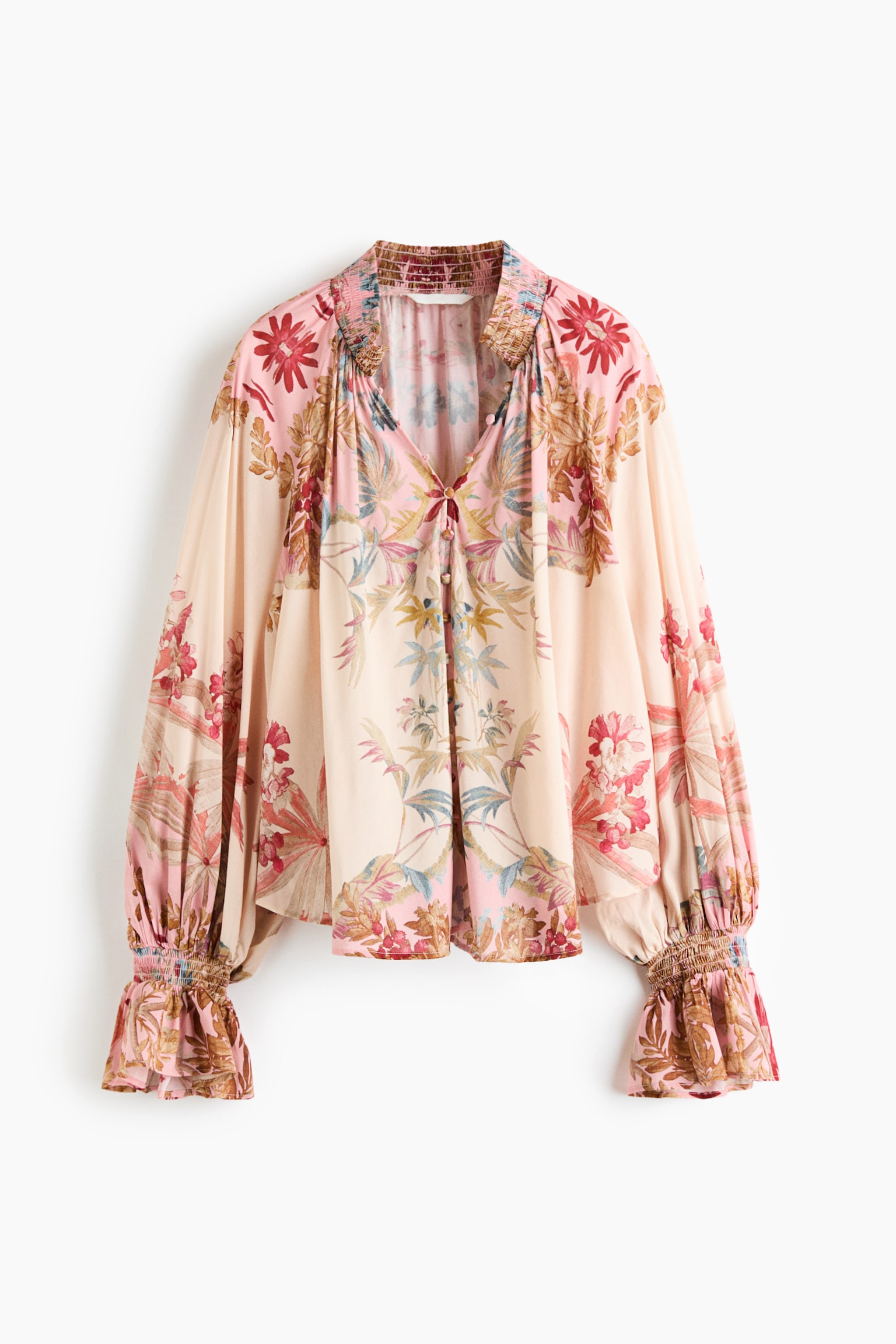 Button-Front Balloon-Sleeved Blouse - Light dusty beige/floral - 1