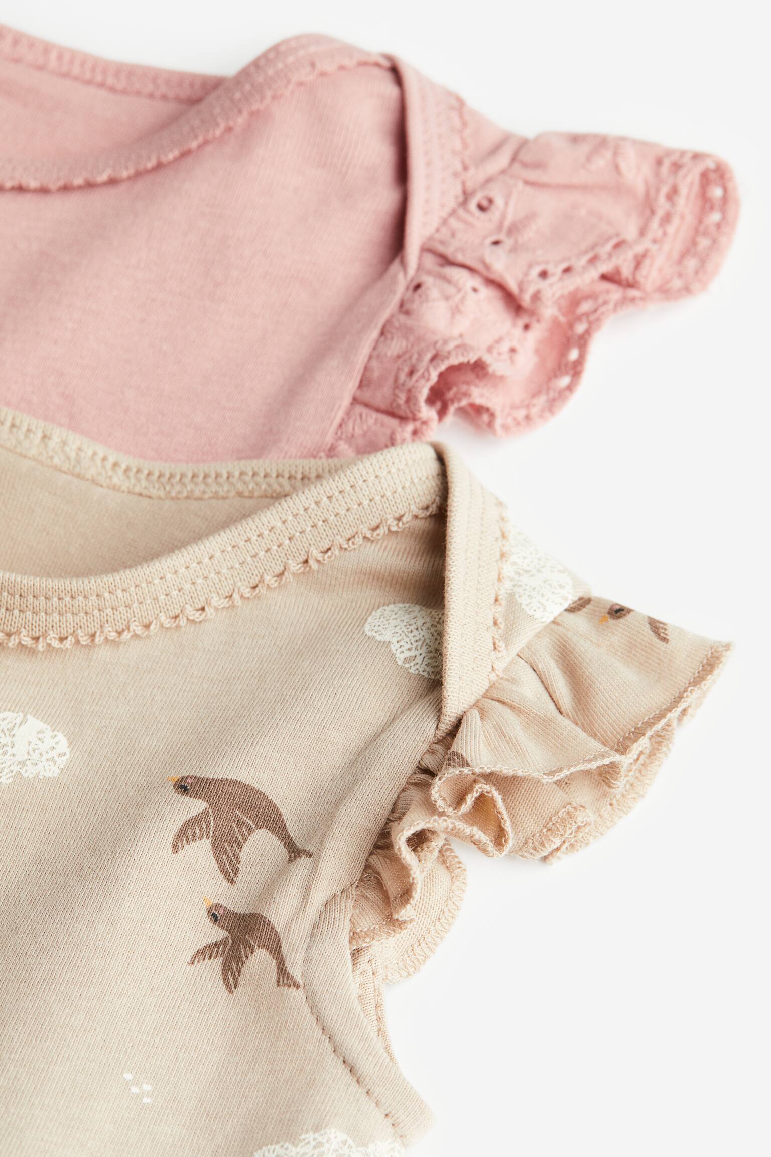 2-pack picot-trim bodysuits - Beige/Birds/Light pink/Cream - 3