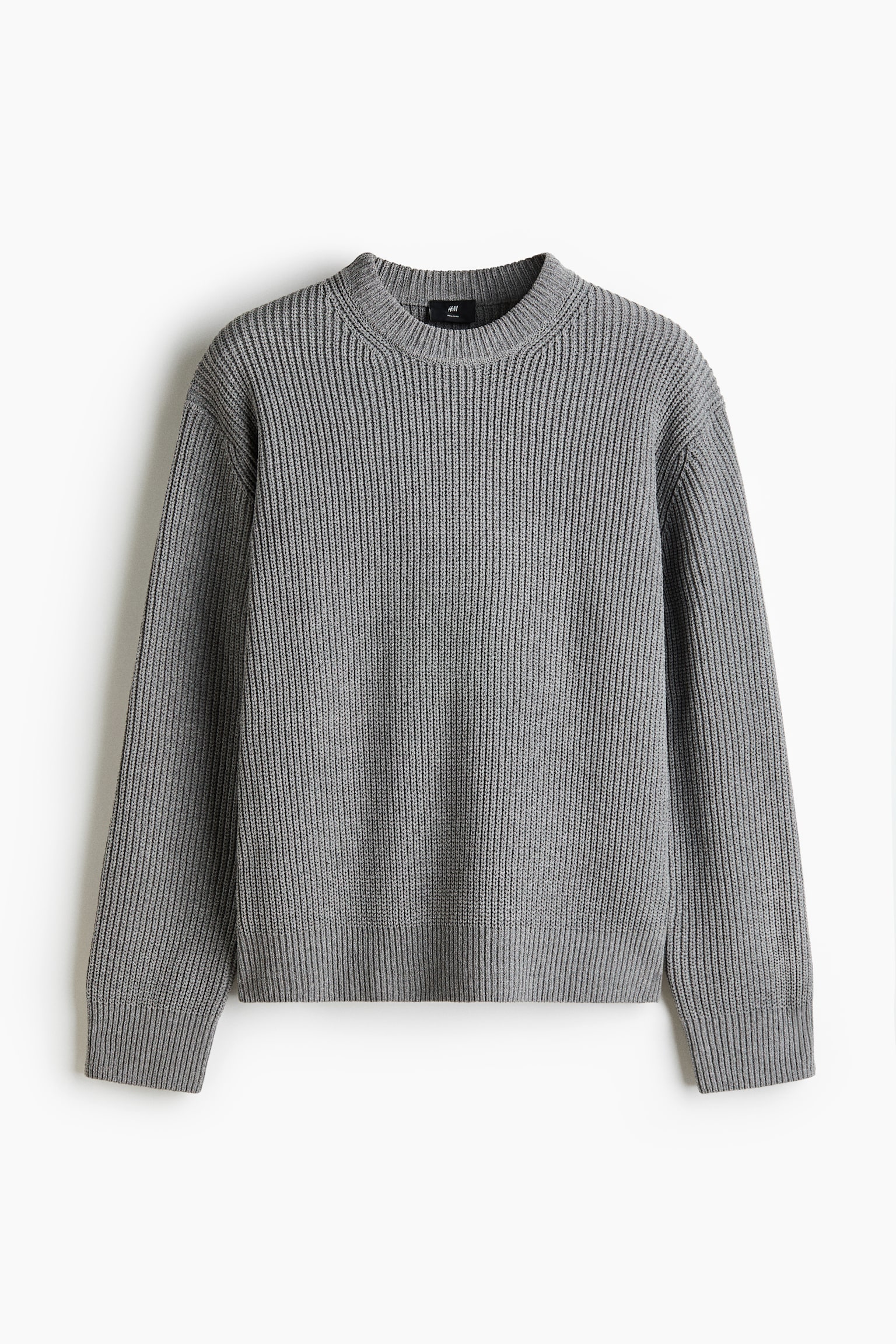 A grey ribbed jumper is showcasing its front view. It features a crew neck, long sleeves with ribbed cuffs, and a ribbed hem. - 1