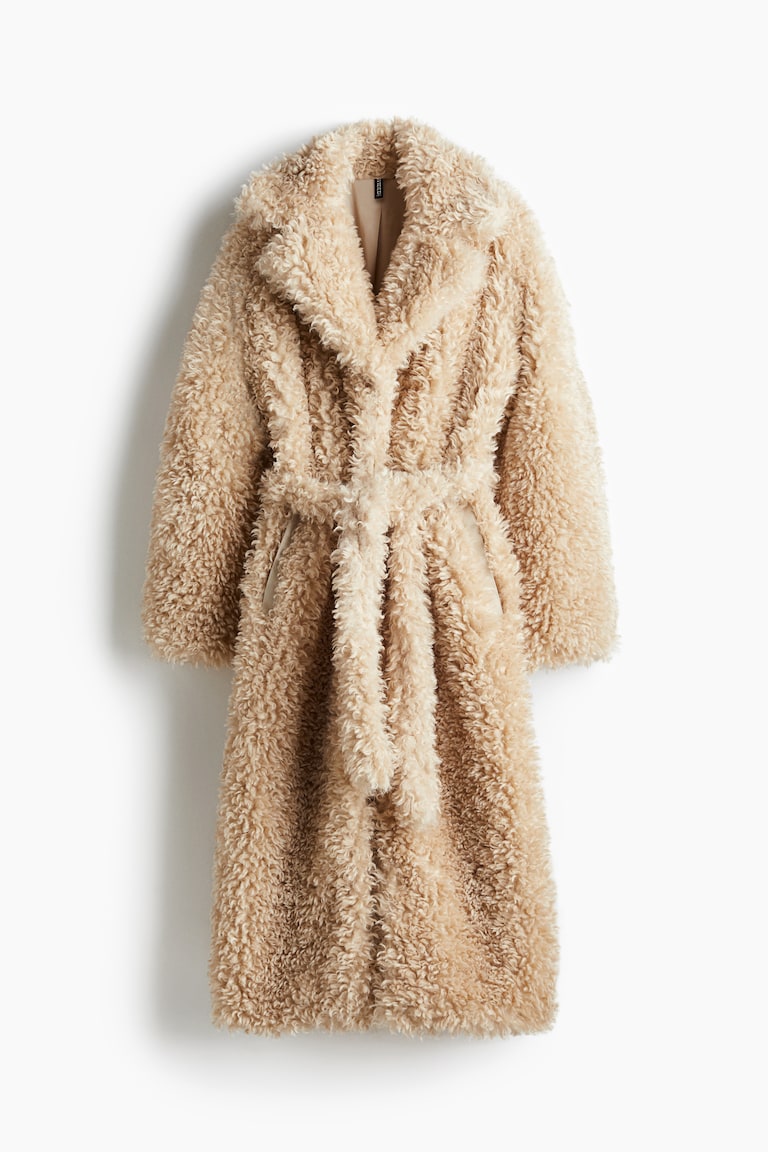 Tie-belt teddy coat Light beige Ladies H&M GB