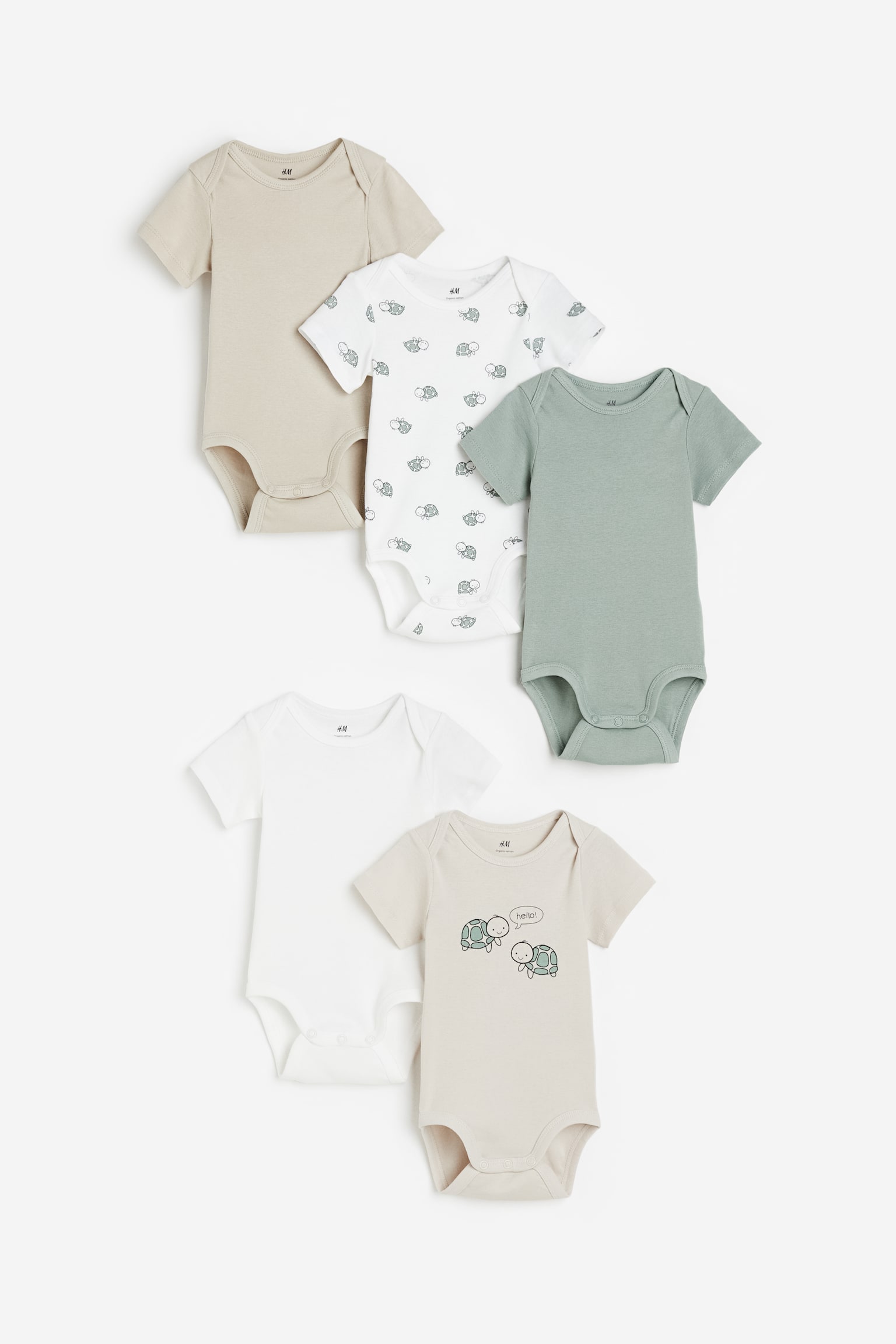 5-pack Cotton Bodysuits - Beige/Turtles/Light green/Bears/Beige/Hearts/Dusty green/Frogs/Dusty pink/Floral/Grey/Clouds/Light pink/Spot/Beige/Stripe/Light Pink/Strawberries/Light yellow/Bee Happy/Light purple/Stripe - 1