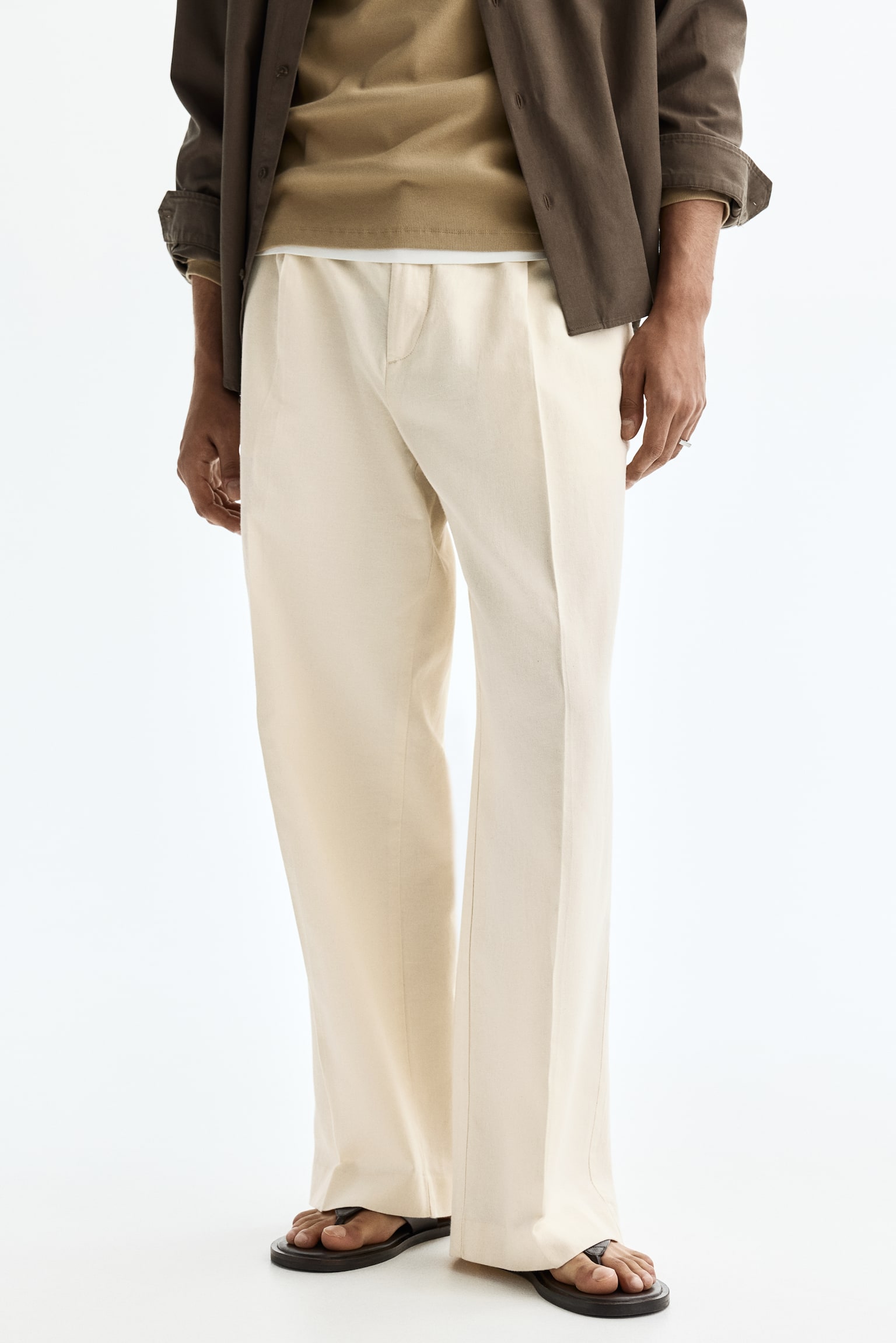 Loose Fit Linen-blend trousers - Cream/Black/Dark brown - 3