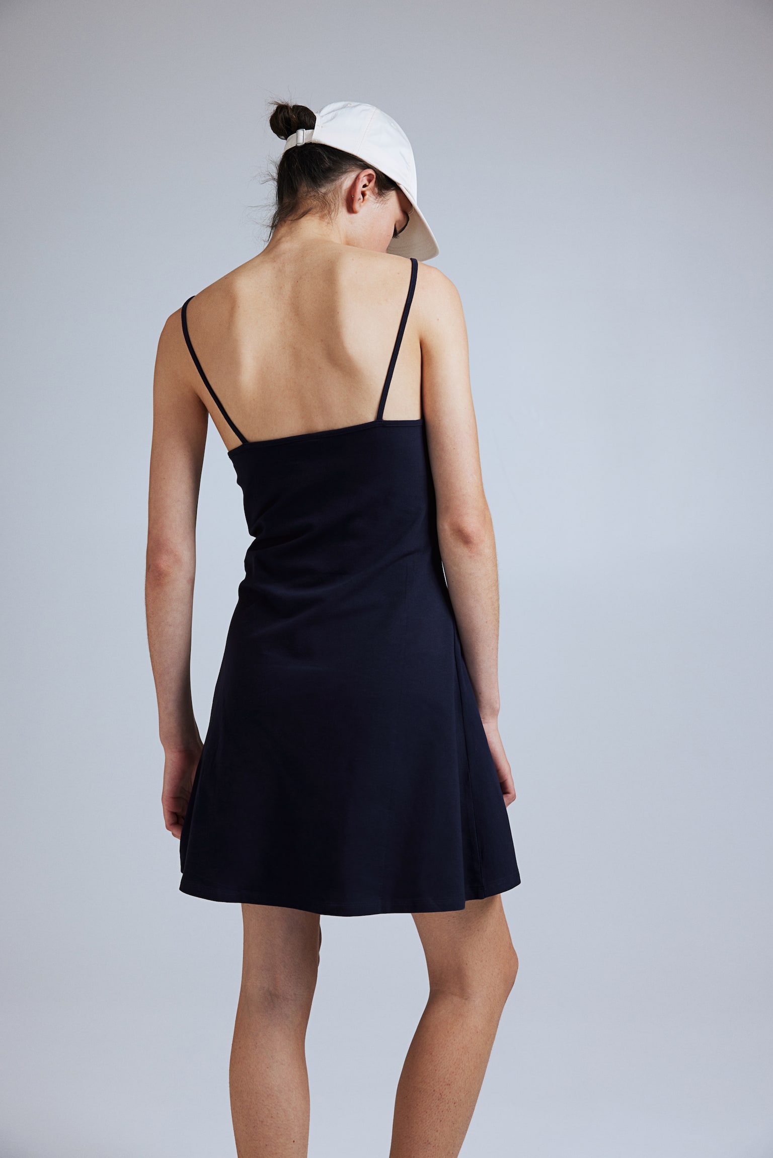 Flared-skirt strappy dress - Navy blue/Light beige - 5