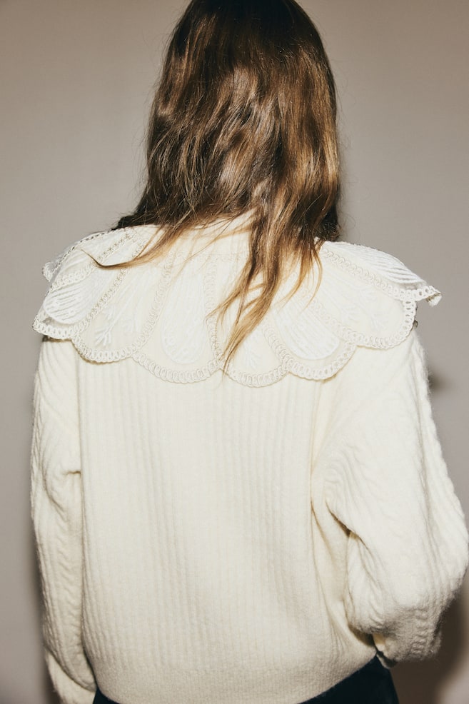 Cardigan cu guler din dantelă - Crem - 5