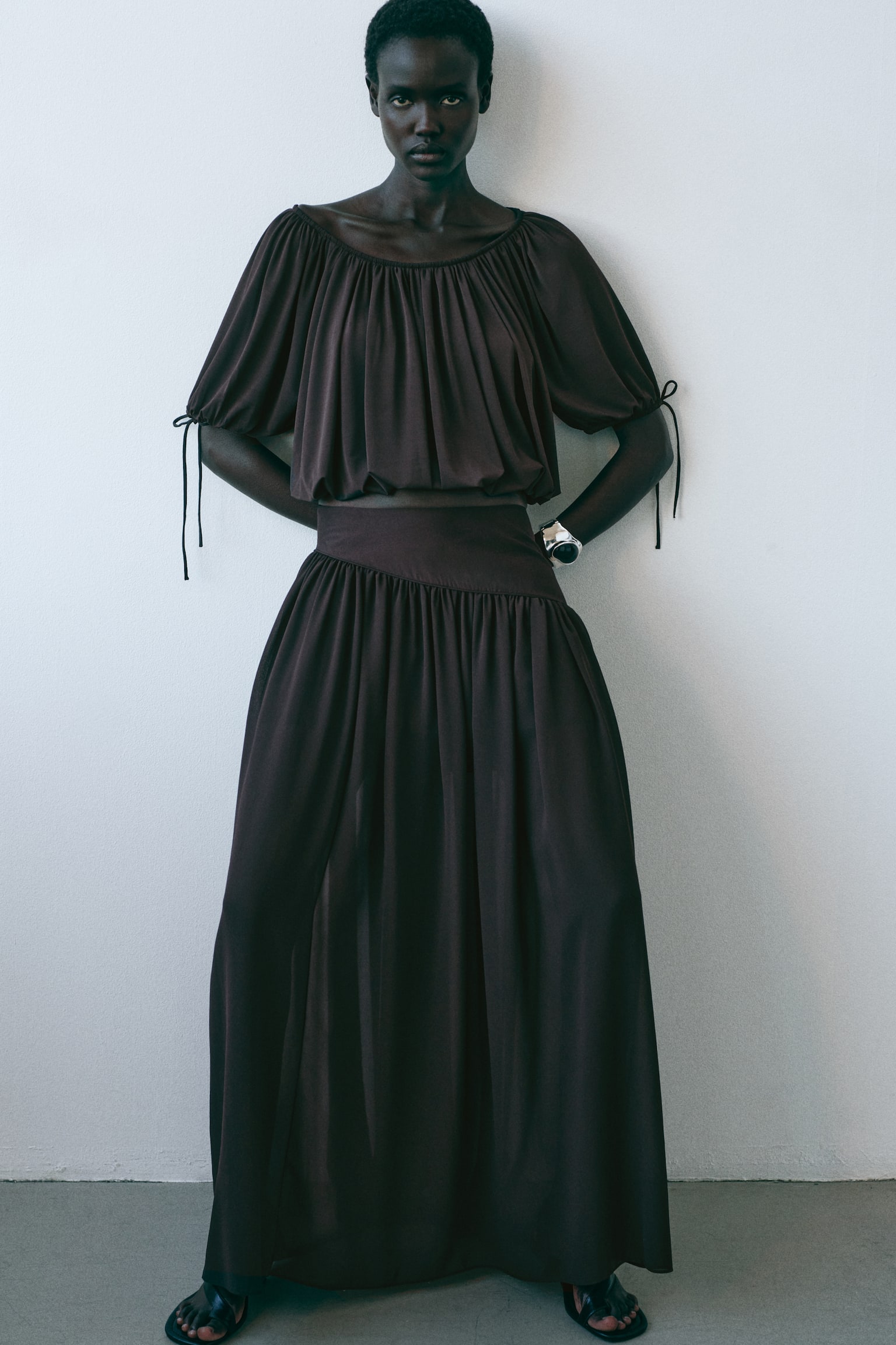 Draped drawstring-detail top - Dark brown - 4