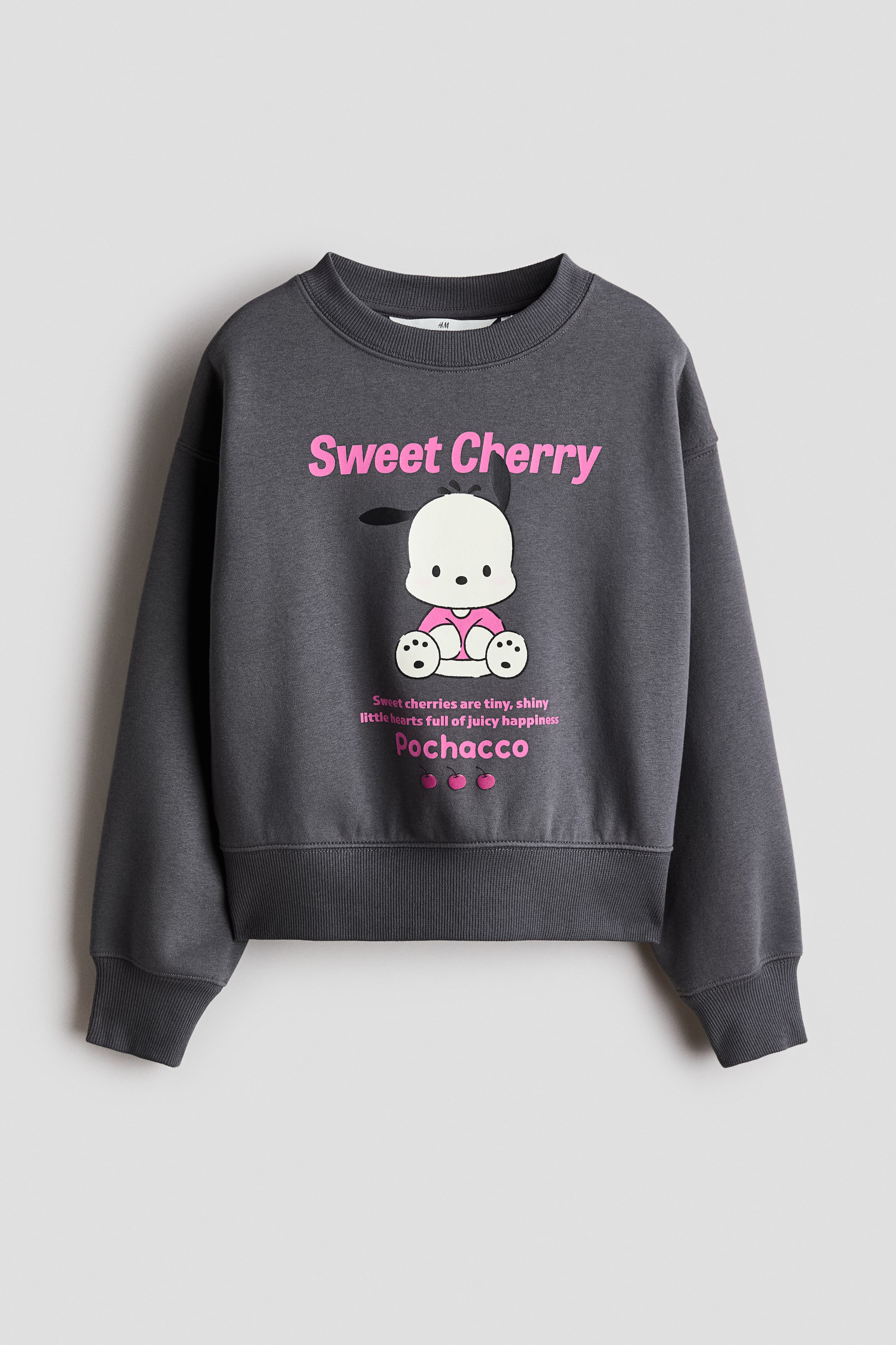 View larger image: A front view of a dark grey, loose-fit sweatshirt featuring dropped shoulders, long sleeves, and a ribbed neckline, cuffs, and hem. The front showcases a printed graphic of the cartoon character Pochacco, accompanied by pink text reading "Sweet Cherry" and "Pochacco."