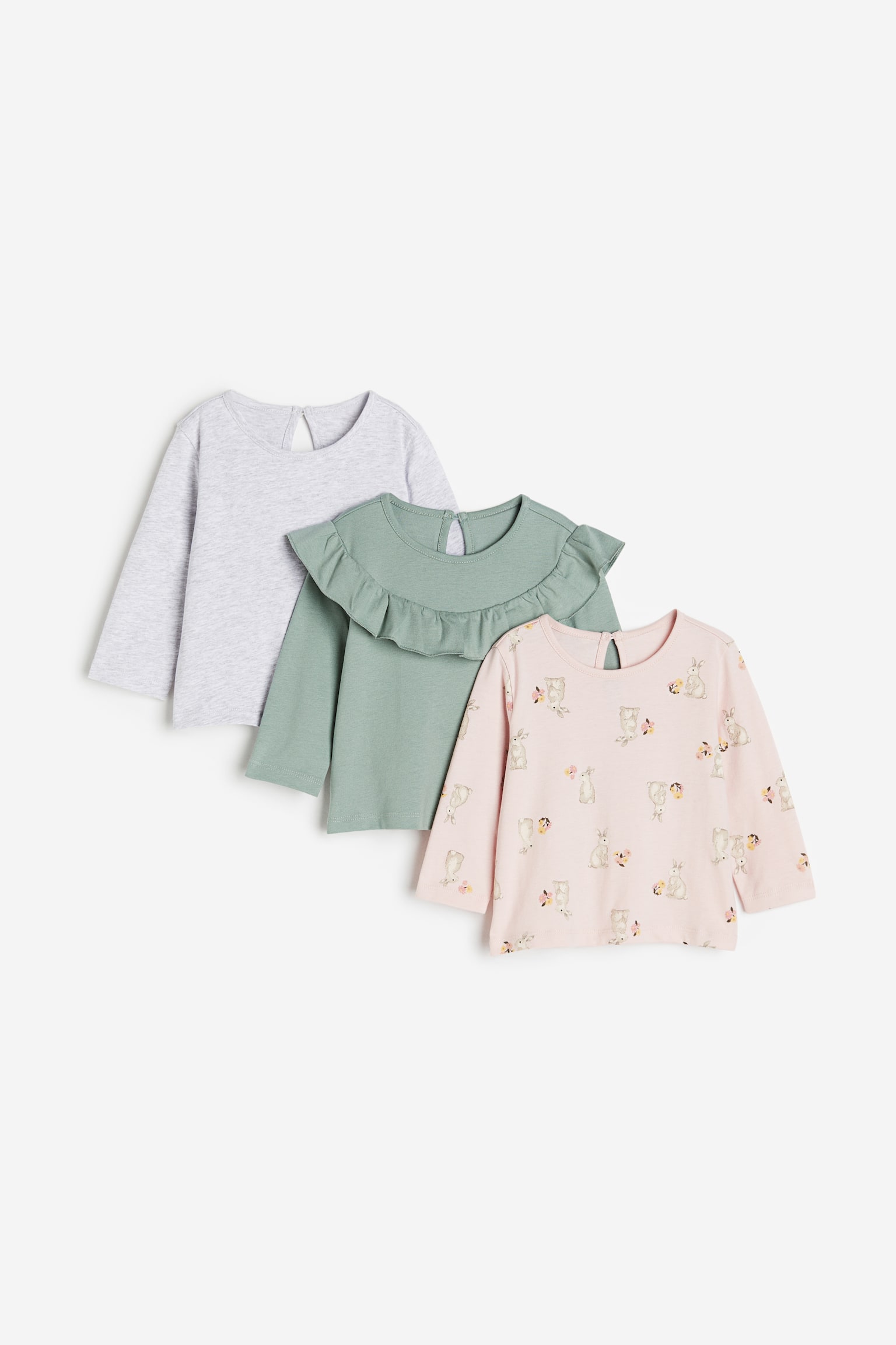 3-pack Cotton Jersey Tops - Dusty green/Bunnies/Dark pink/Squirrel/Dusty green/Floral/Dark mauve/Bunnies/Dark grey/Floral/Pink/Floral - 1