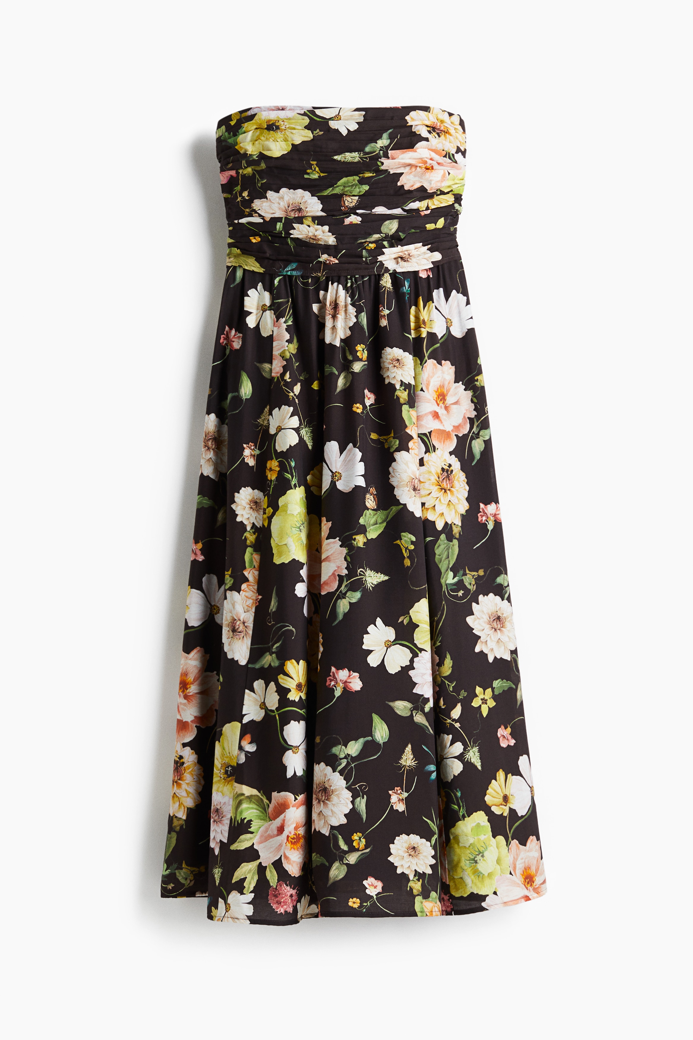 Bandeau-Kleid mit Falten - Schwarz/Geblümt/Cremefarben/Geblümt