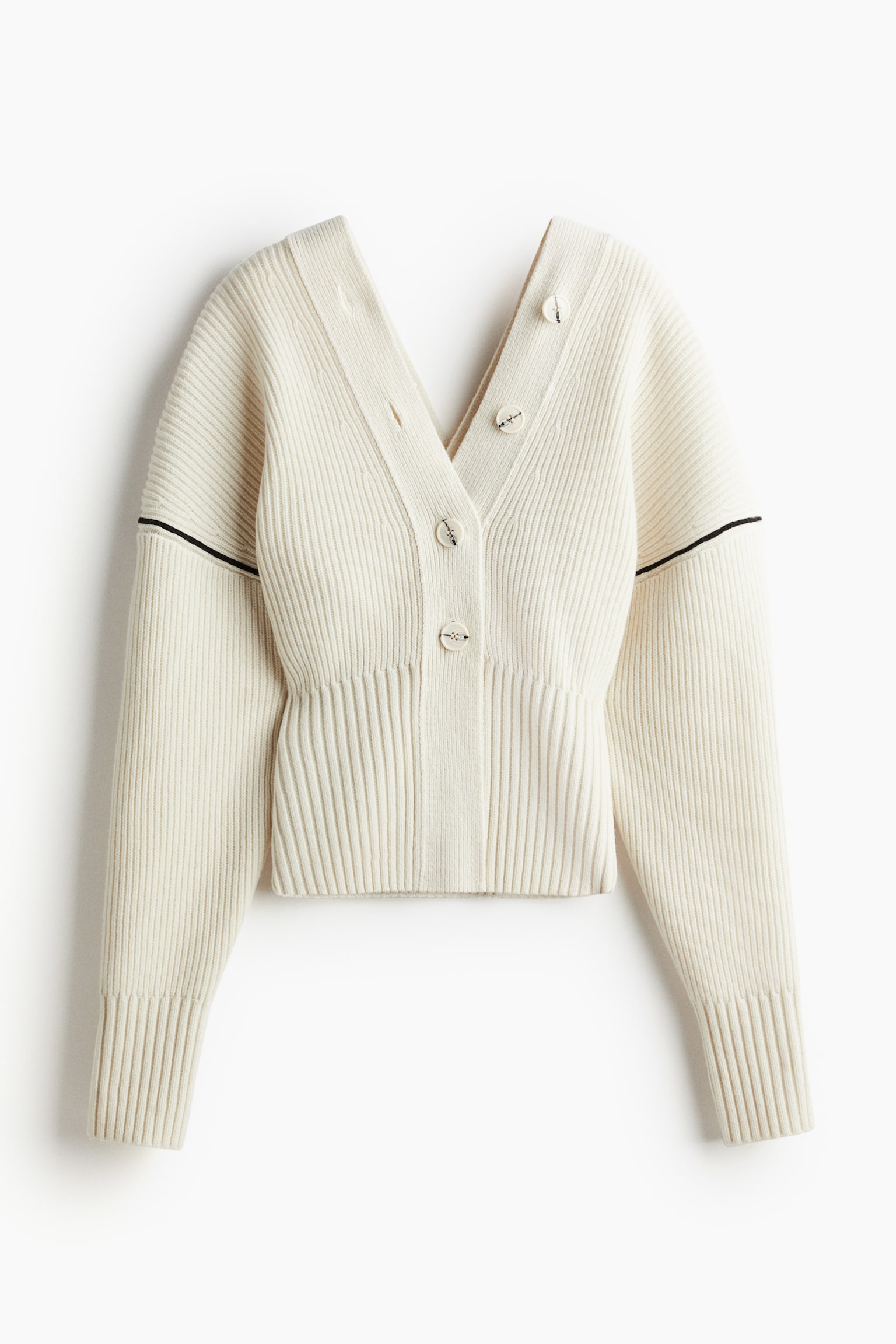 Oversized Rib Knit Woollen Cardigan - Cream - 2