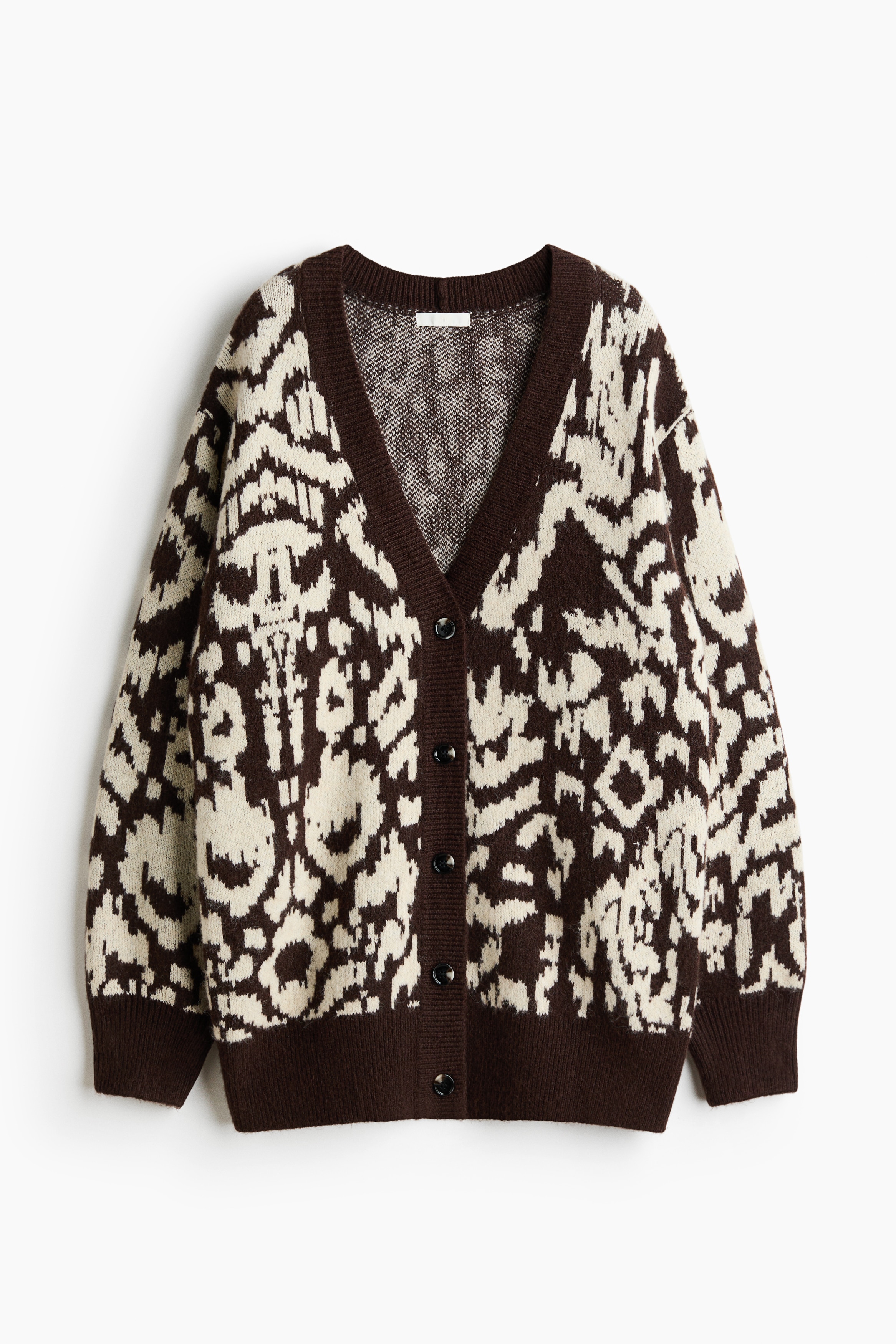 Jacquard Knit Cardigan - Dark brown/Leopard print