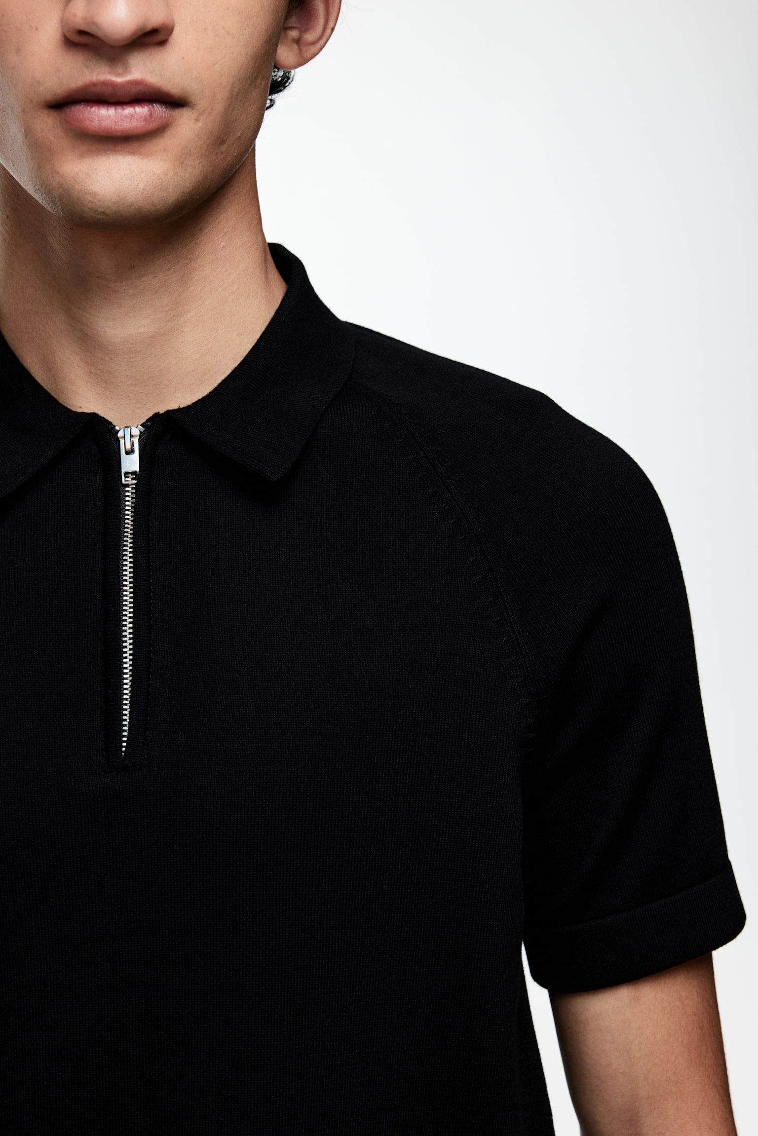 Muscle Fit Half Zip Polo Shirt - Black/White - 4