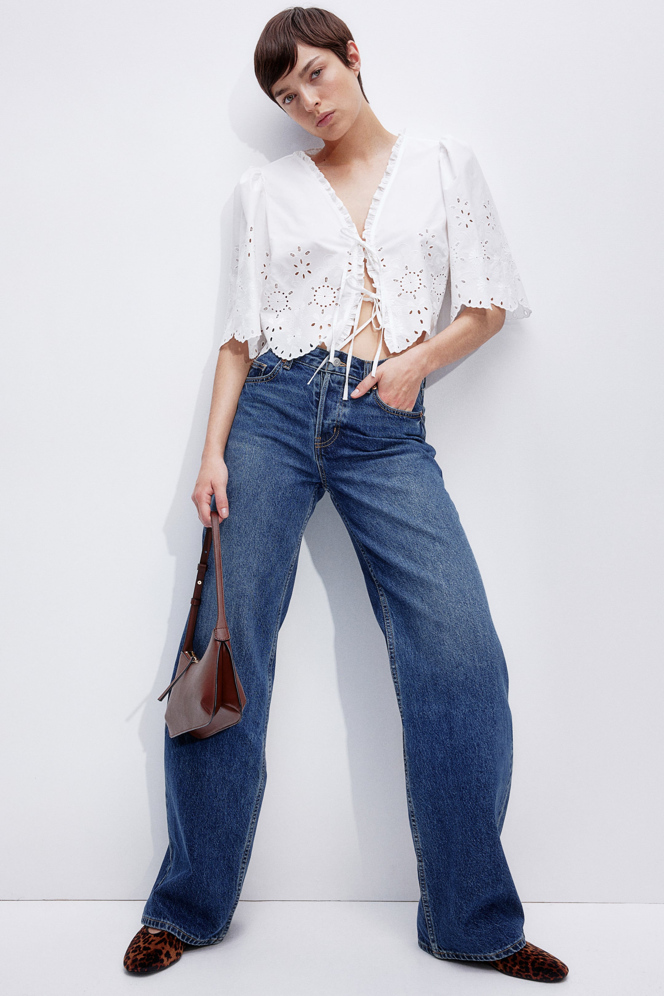 Cropped Blouse with Eyelet Embroidery