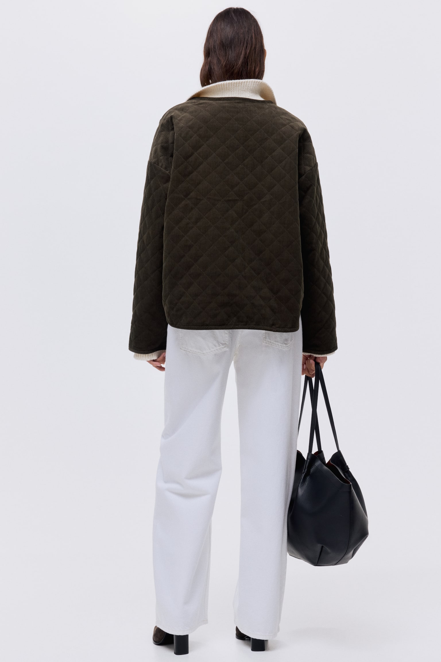 Oversized quilted corduroy jacket - Dark khaki green/Brown - 6