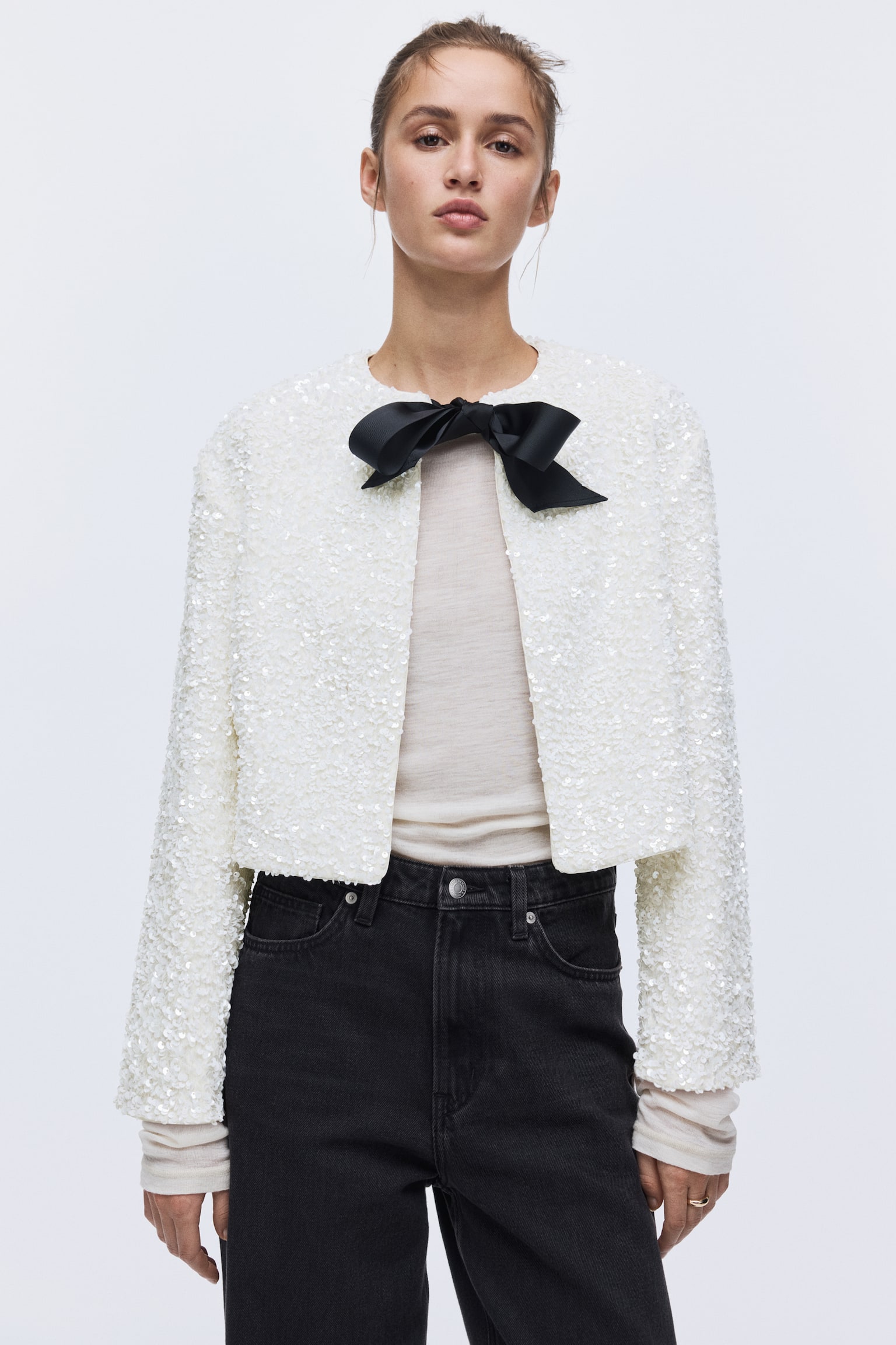 Tie-detail sequined jacket - Cream - 5