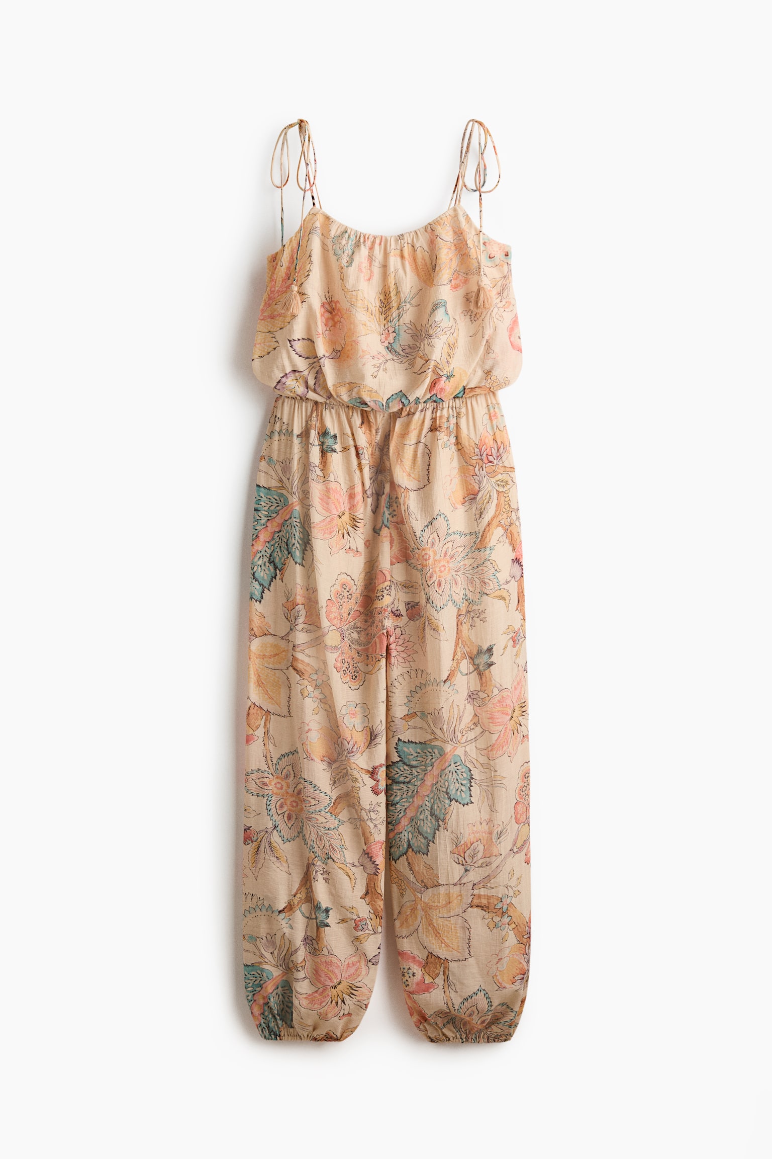 Balloon-leg tie-strap jumpsuit-Light beige/Paisley pattern - 2