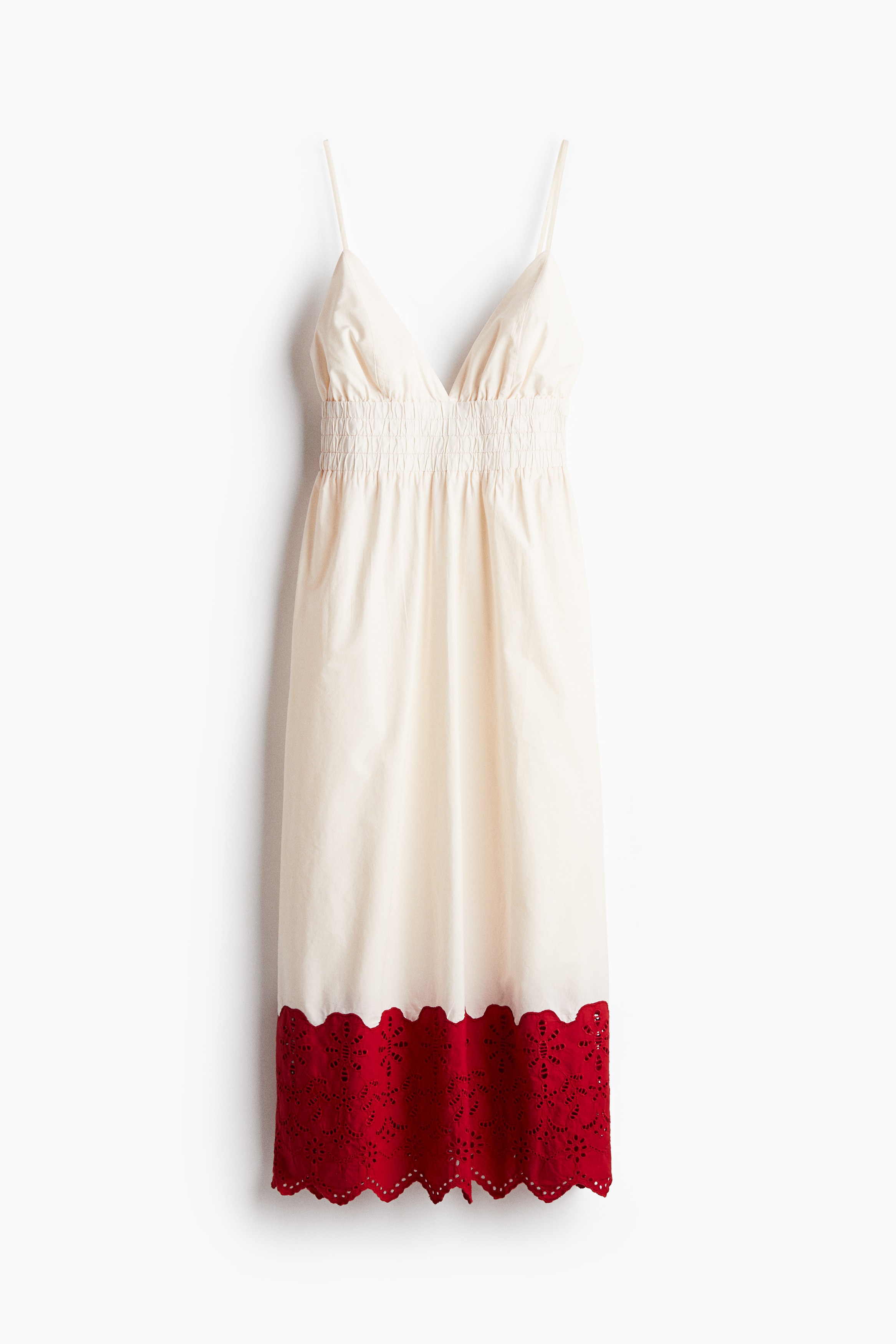 Kleid mit Broderie Anglaise - Cremefarben/Rot