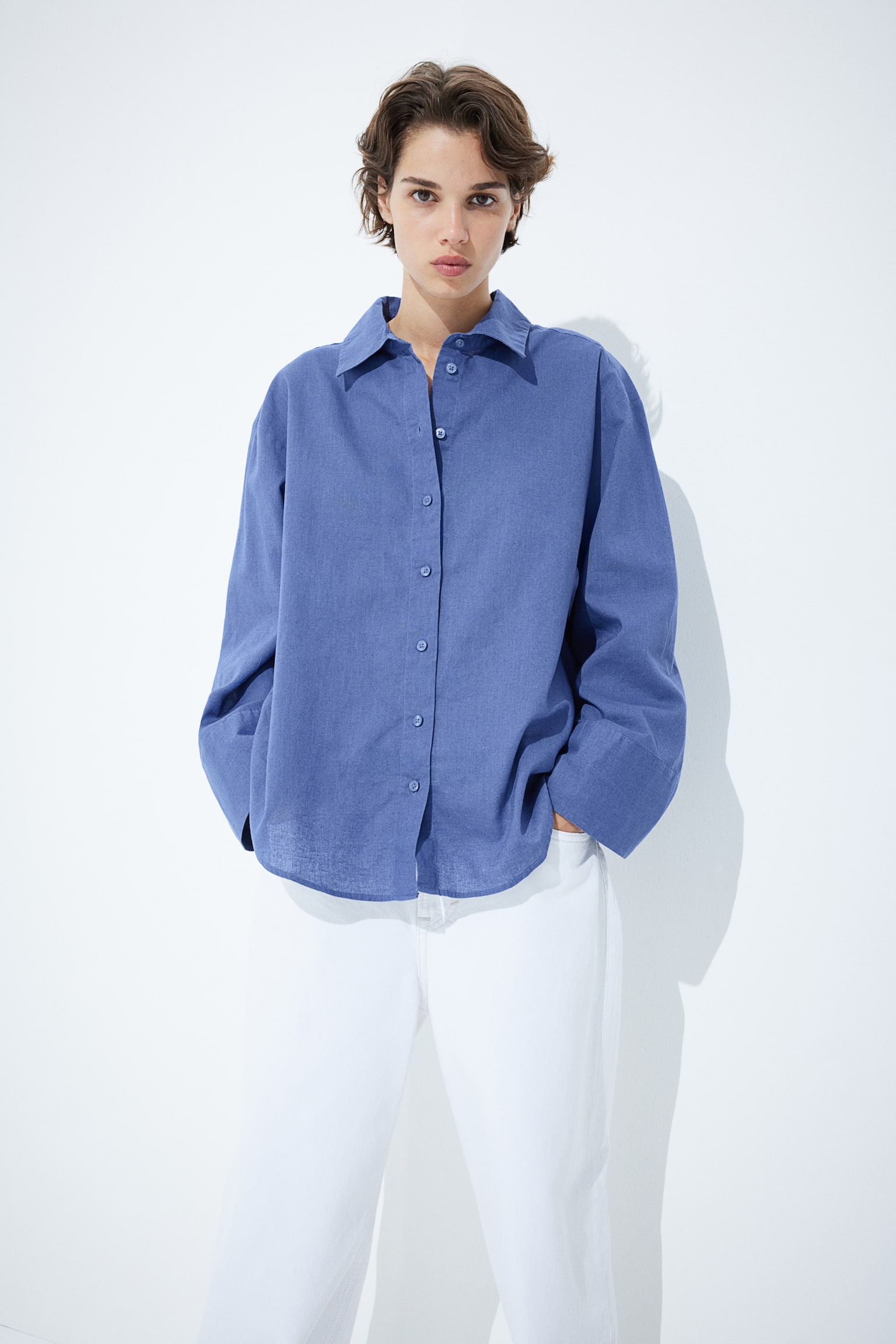 Linen-blend shirt - Dusty blue/Black/Cream/Striped - 3