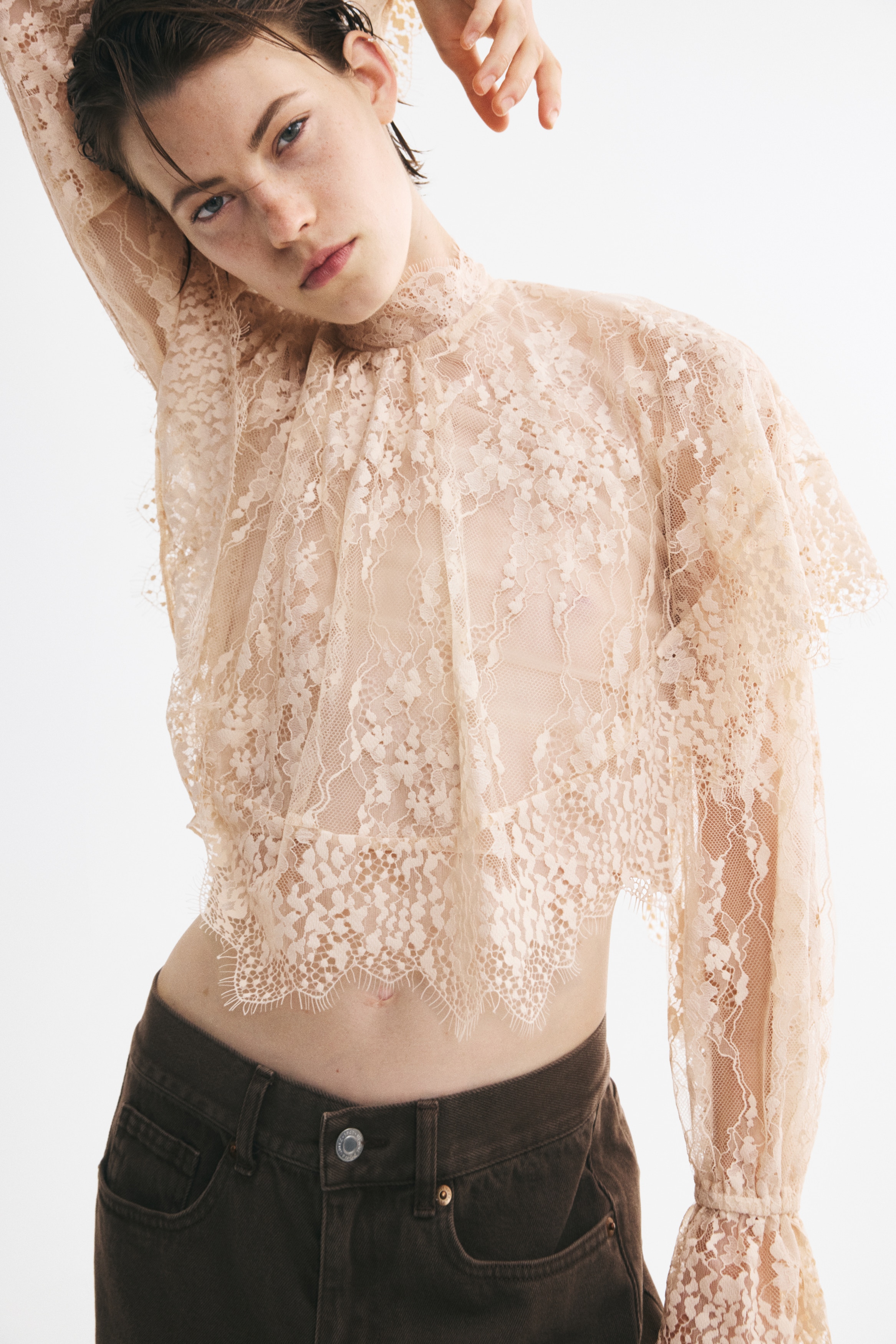 Women's Light beige Cape-Detail Lace Top | H&M CA