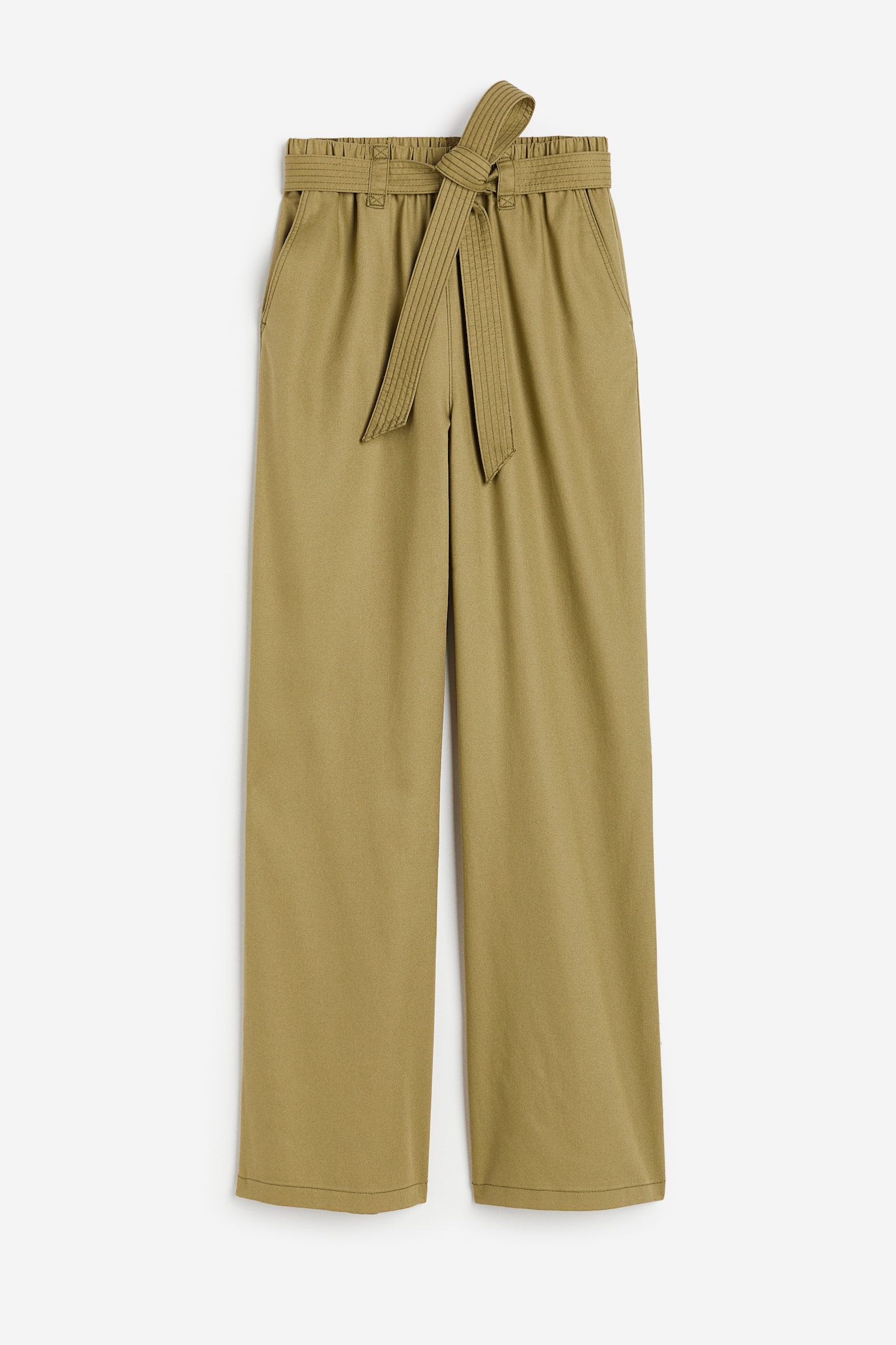Pantalon en lyocell avec ceinture à nouer - Vert kaki/Beige clair - 1
