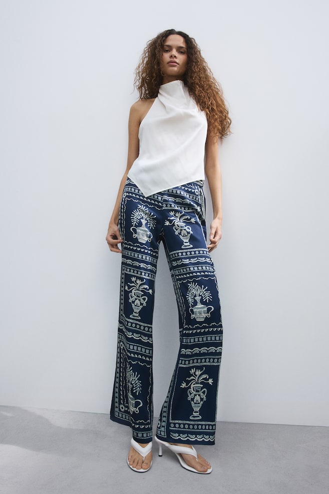 Printed Tie-Detail Pants - Dark blue/flowers - 2
