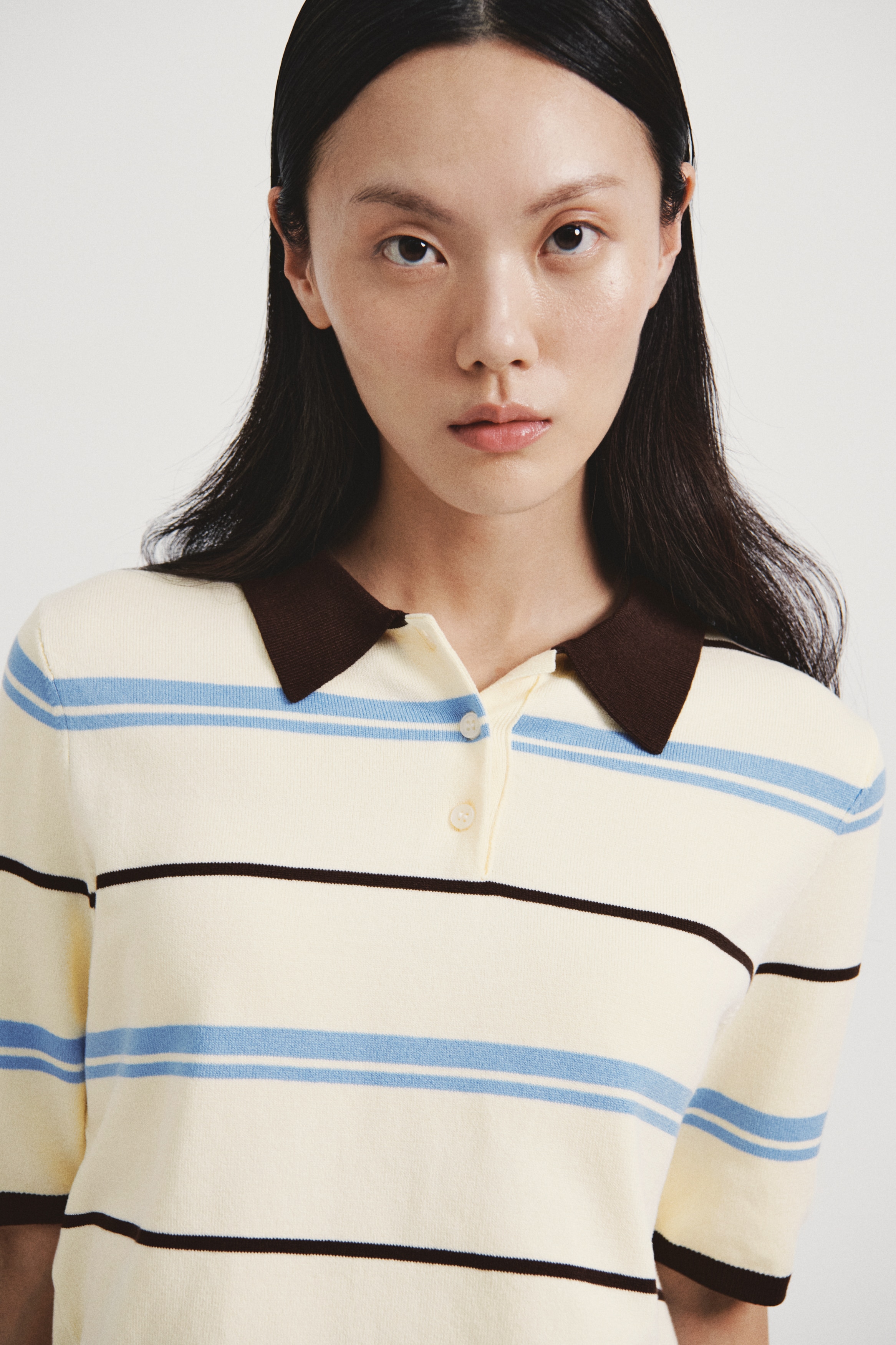 Fine-Knit Polo Shirt - Light yellow/striped