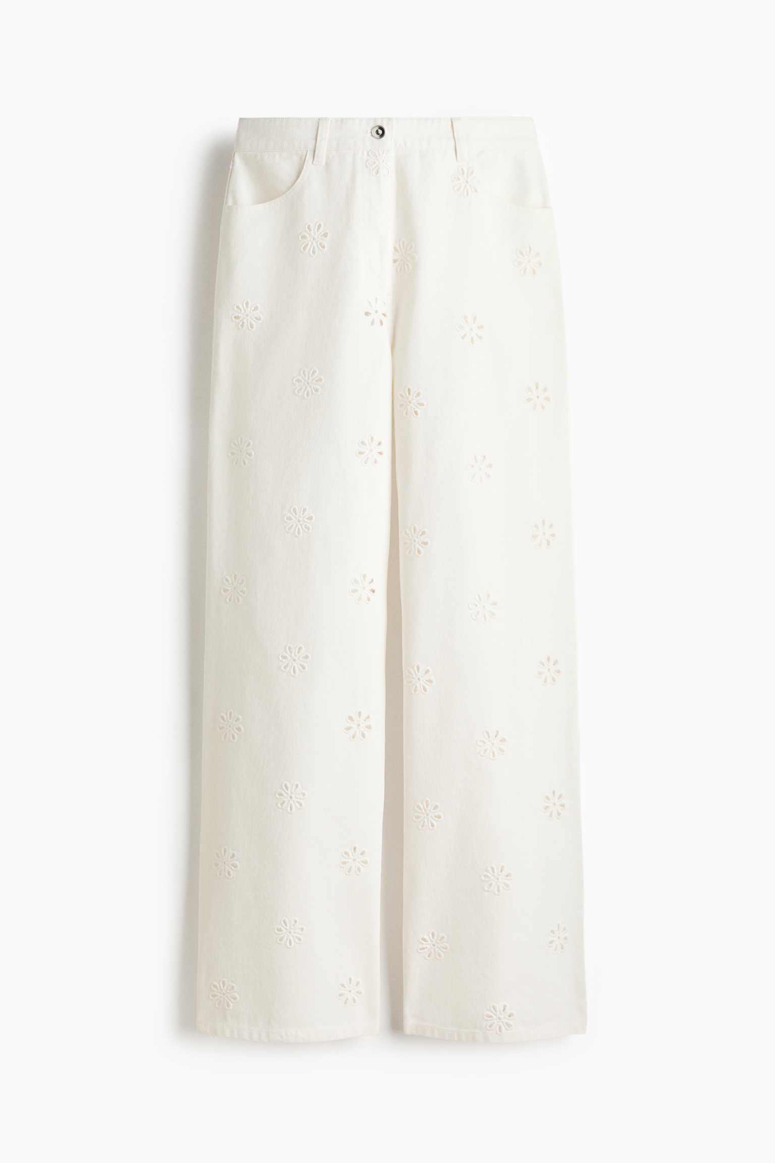 Pantalon en sergé avec broderie anglaise - Blanc - 1