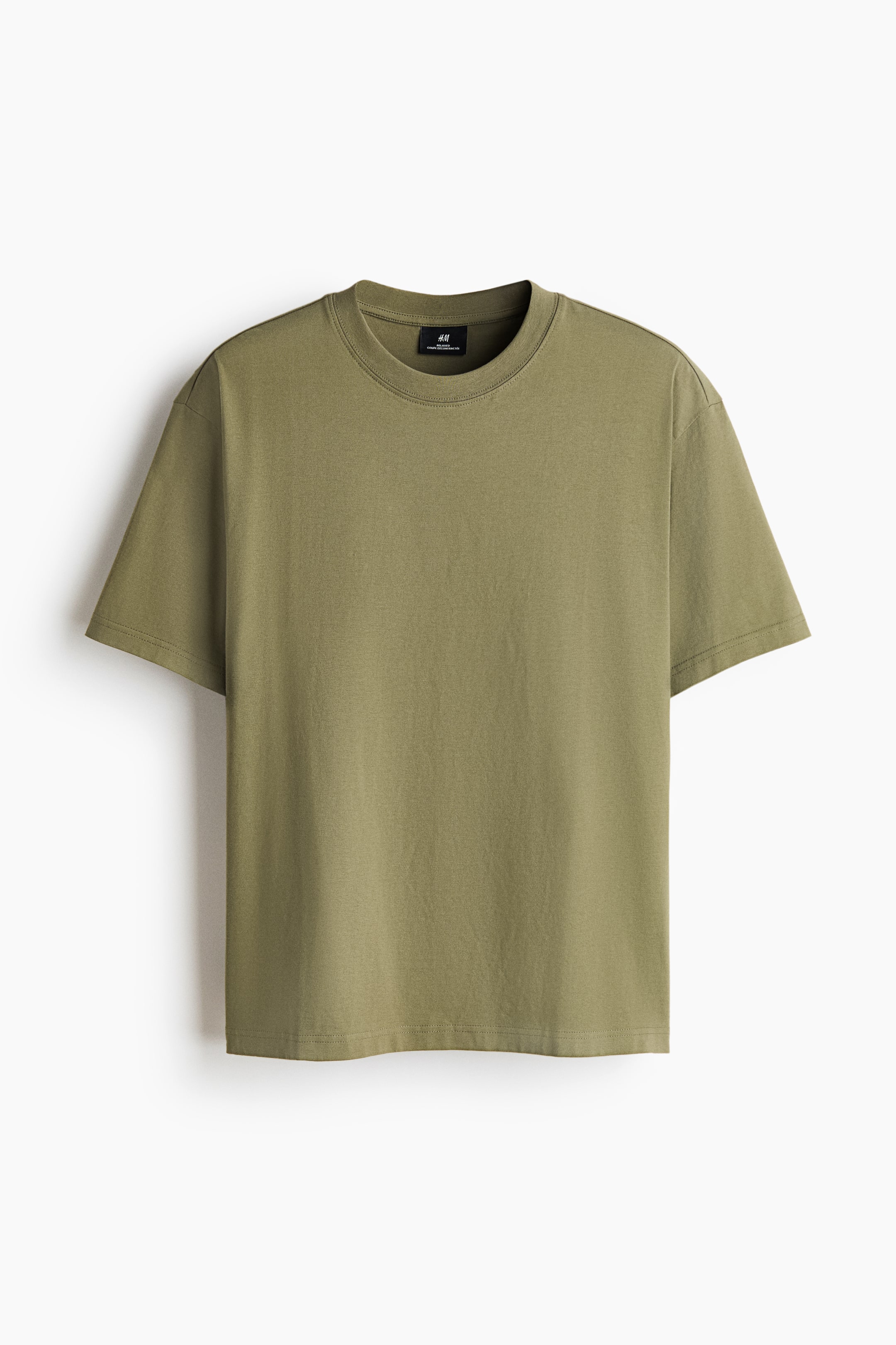 View larger image: An olive green T-shirt is being displayed as FRONT, featuring a round, rib-trimmed neckline, dropped shoulders, and a straight-cut hem, all presenting a loose fit in midweight cotton jersey.