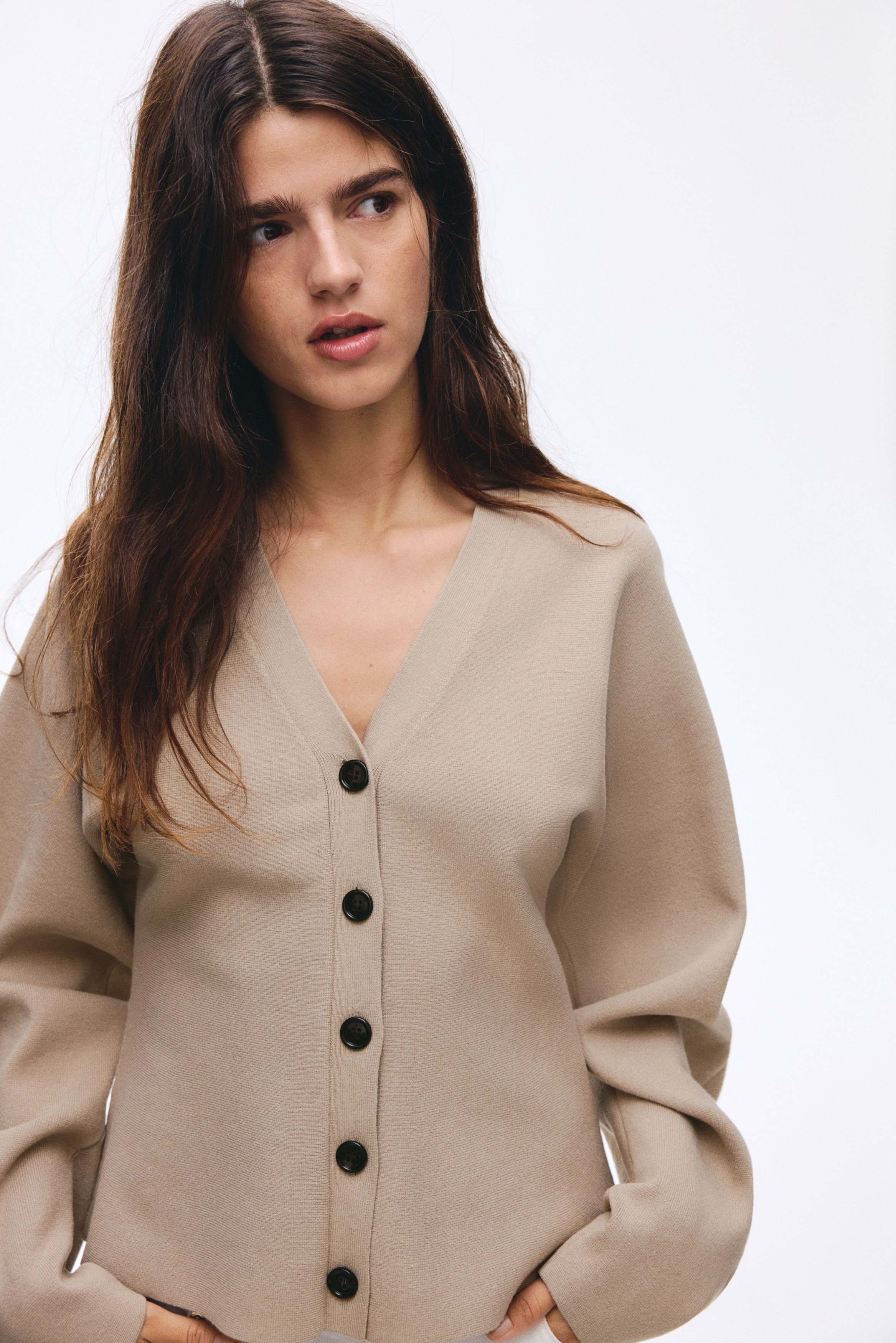 H & M - シルクブレンド ペプラムカーディガン - ブラウン