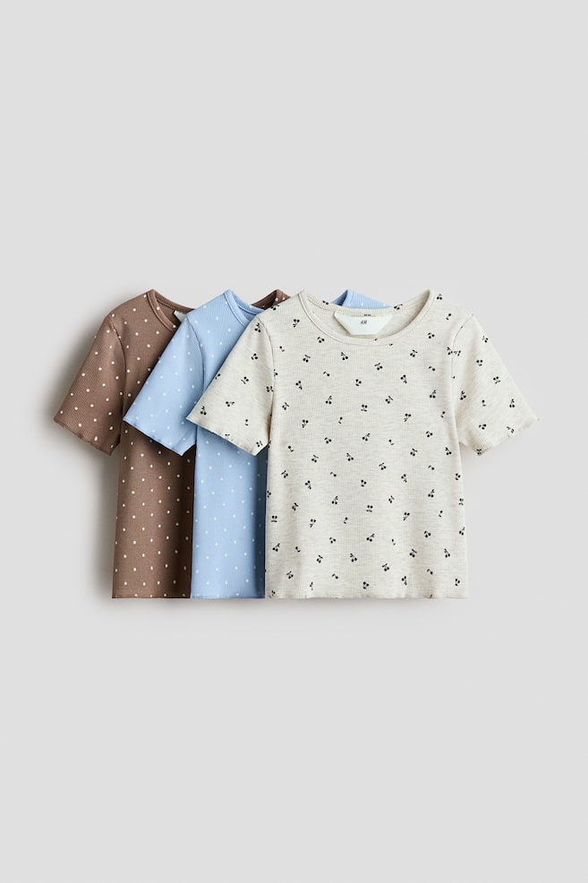 Lot de 3 tops en coton côtelé - Beige clair chiné/bleu clair/Rose/fleuri - 1